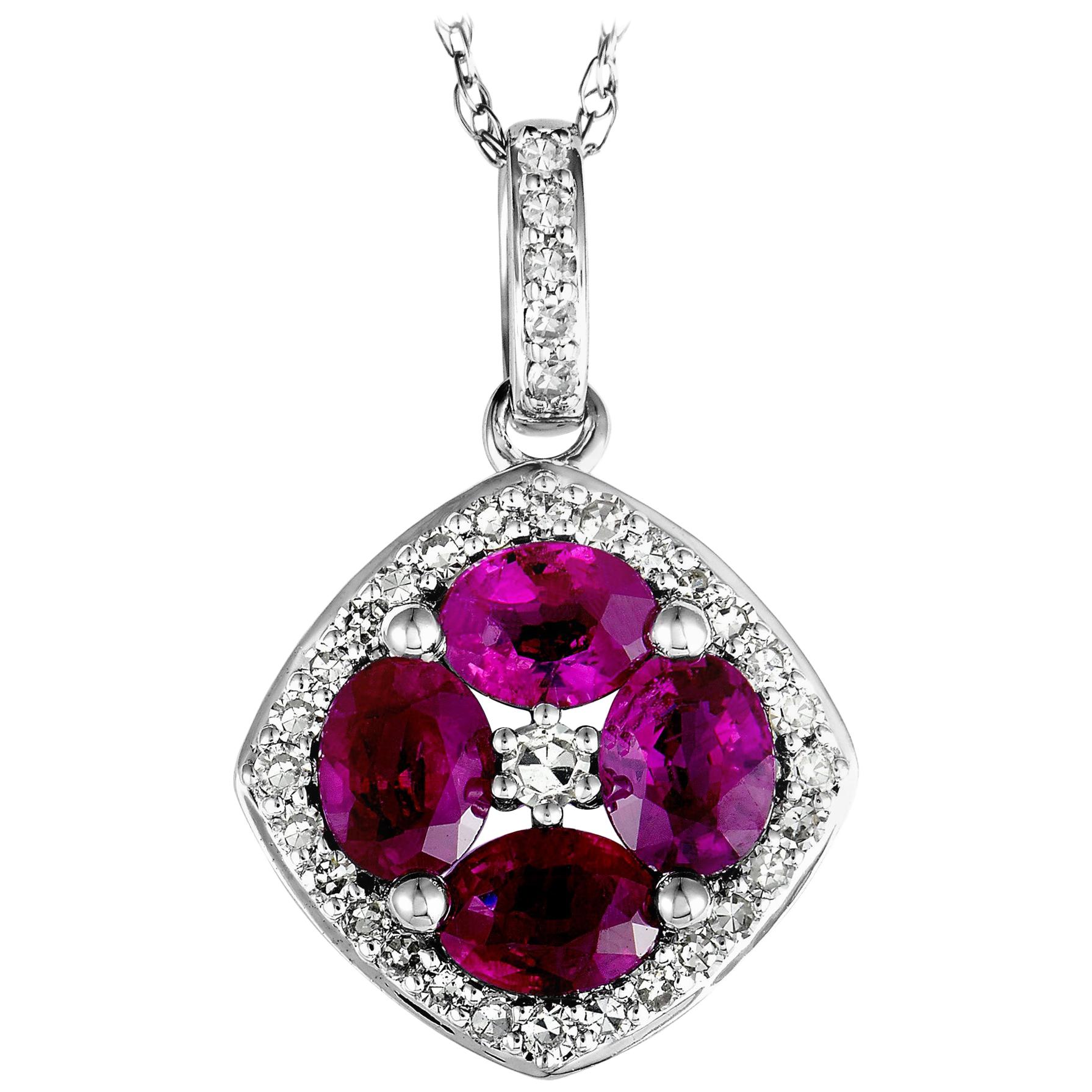 14 Karat White Gold Diamond and Ruby Flower Pendant Necklace
