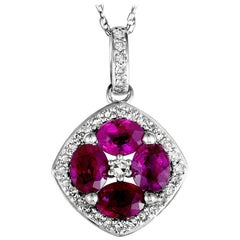 14 Karat White Gold Diamond and Ruby Flower Pendant Necklace