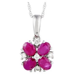 14 Karat White Gold Diamond and Ruby Flower Pendant Necklace