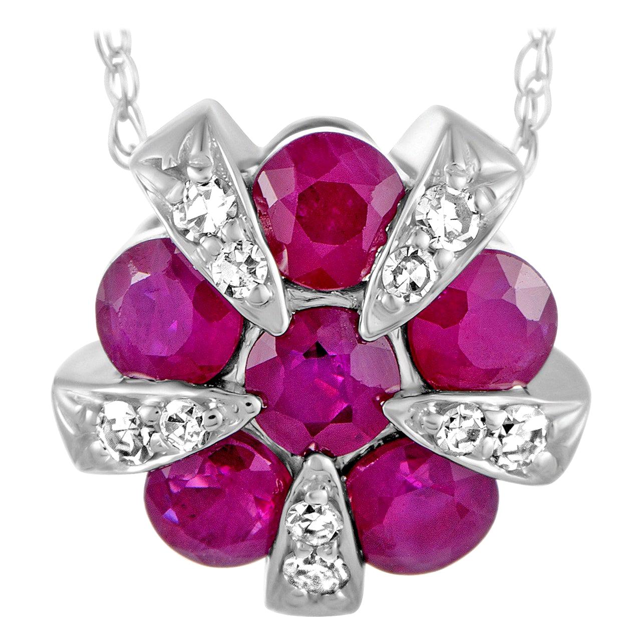 14 Karat White Gold Diamond and Ruby Round Pendant Necklace