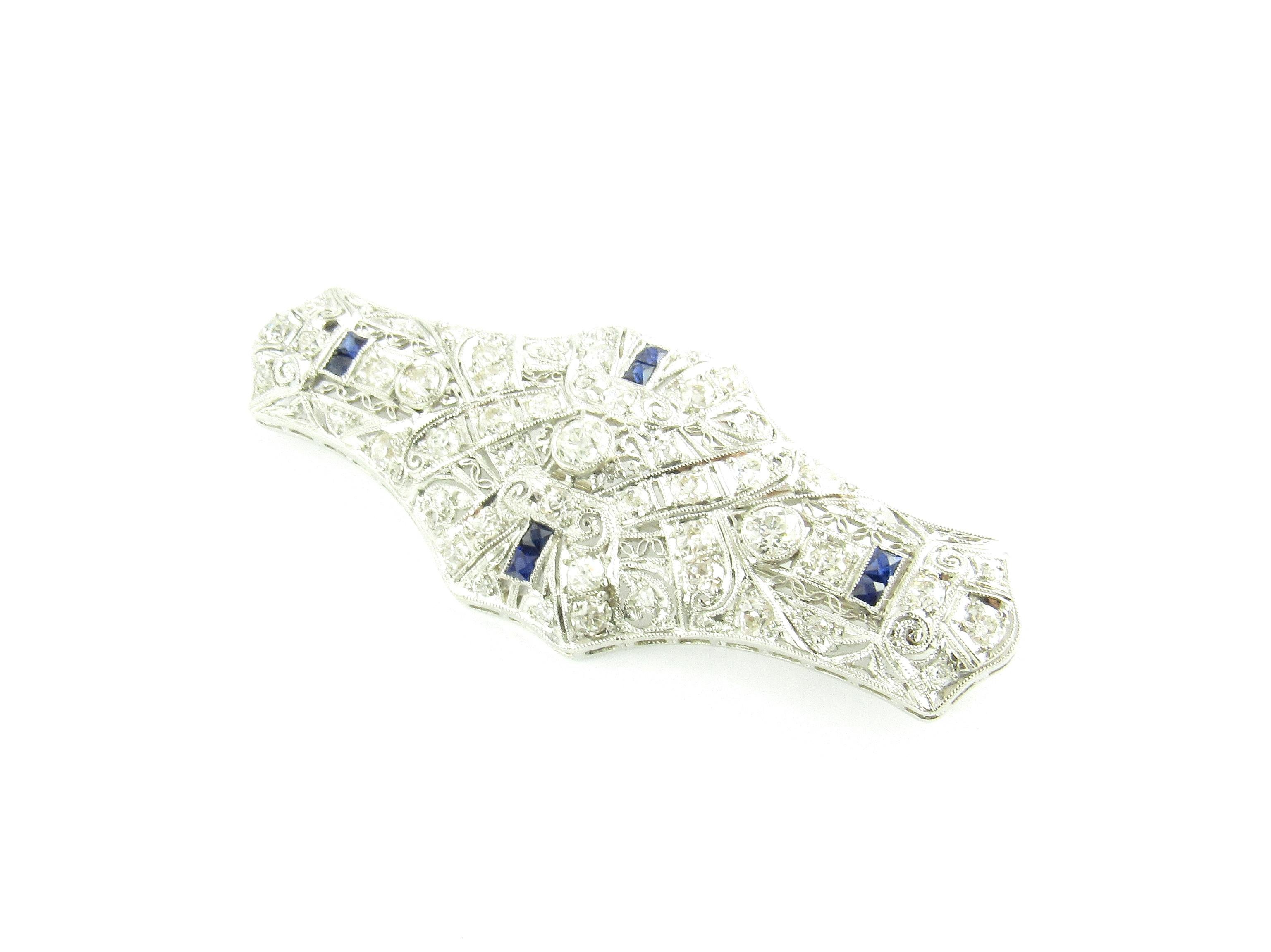 Round Cut 14 Karat White Gold Diamond and Lab Created Sapphire Brooch or Pin For Sale