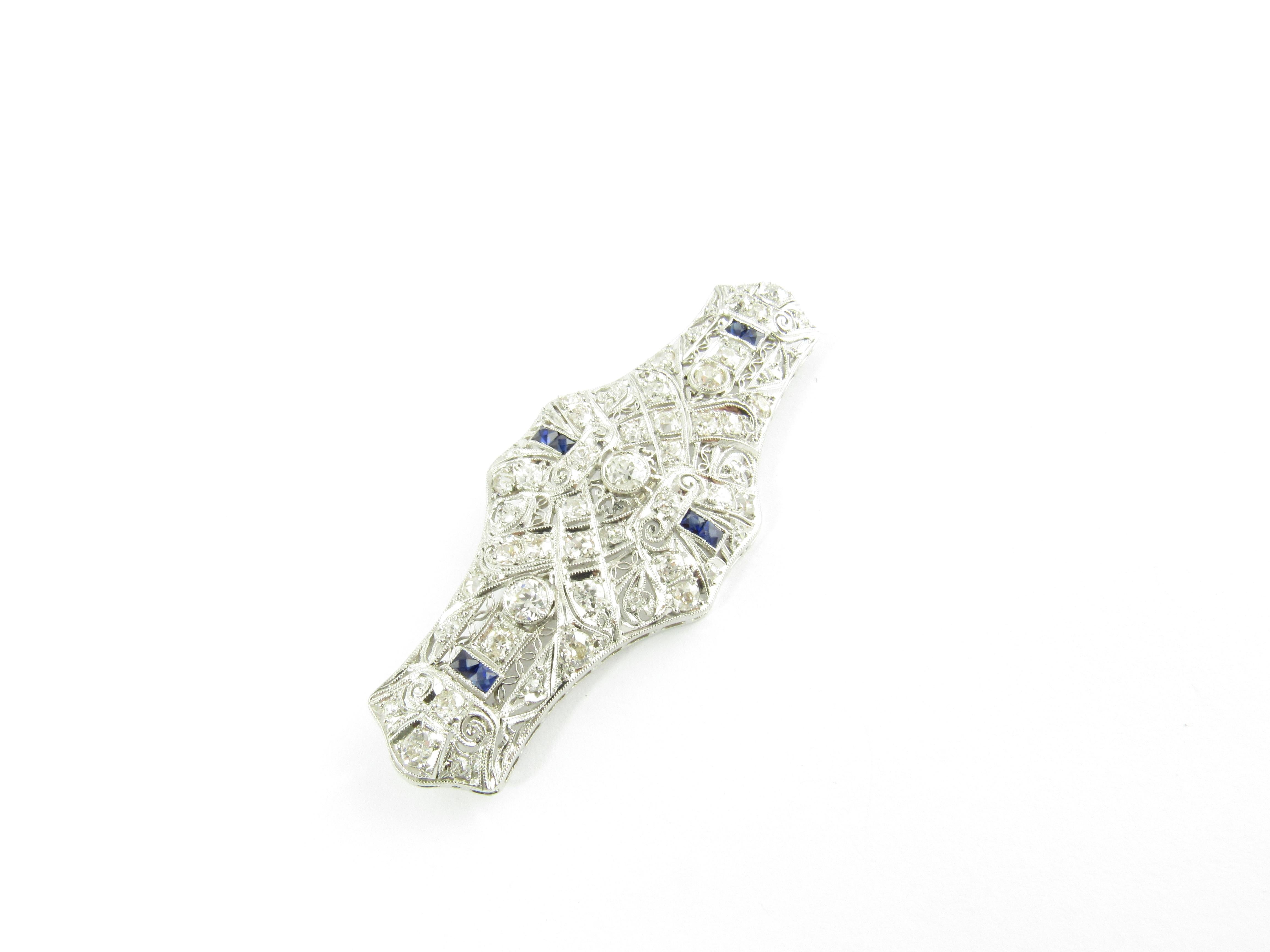 14 Karat White Gold Diamond and Lab Created Sapphire Brooch or Pin In Good Condition For Sale In Washington Depot, CT