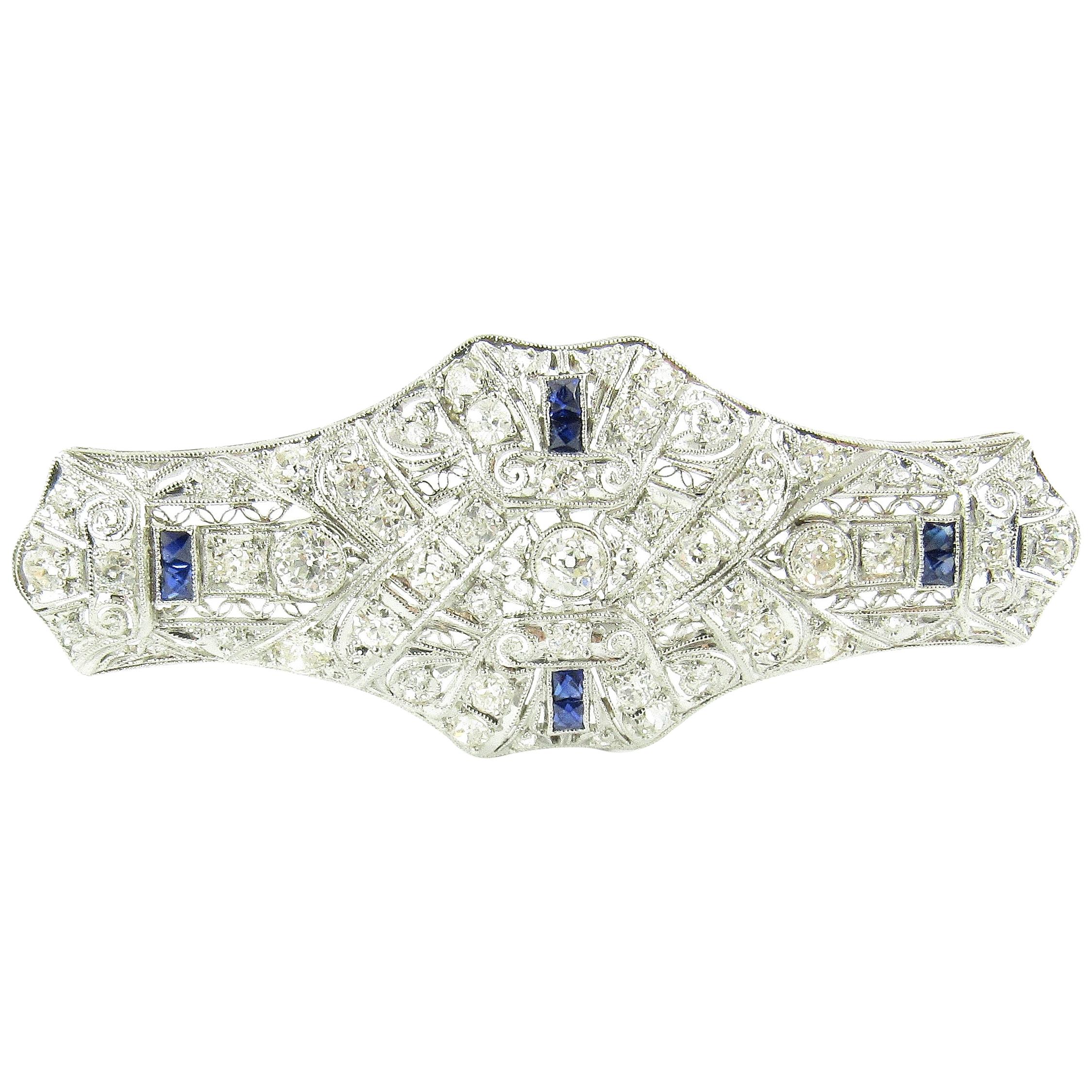 14 Karat White Gold Diamond and Lab Created Sapphire Brooch or Pin For Sale