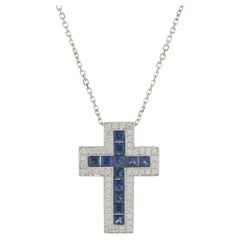 14 Karat White Gold Diamond and Sapphire Cross Necklace