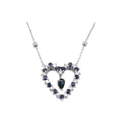 14 Karat White Gold Diamond and Sapphire Dangle Heart Necklace