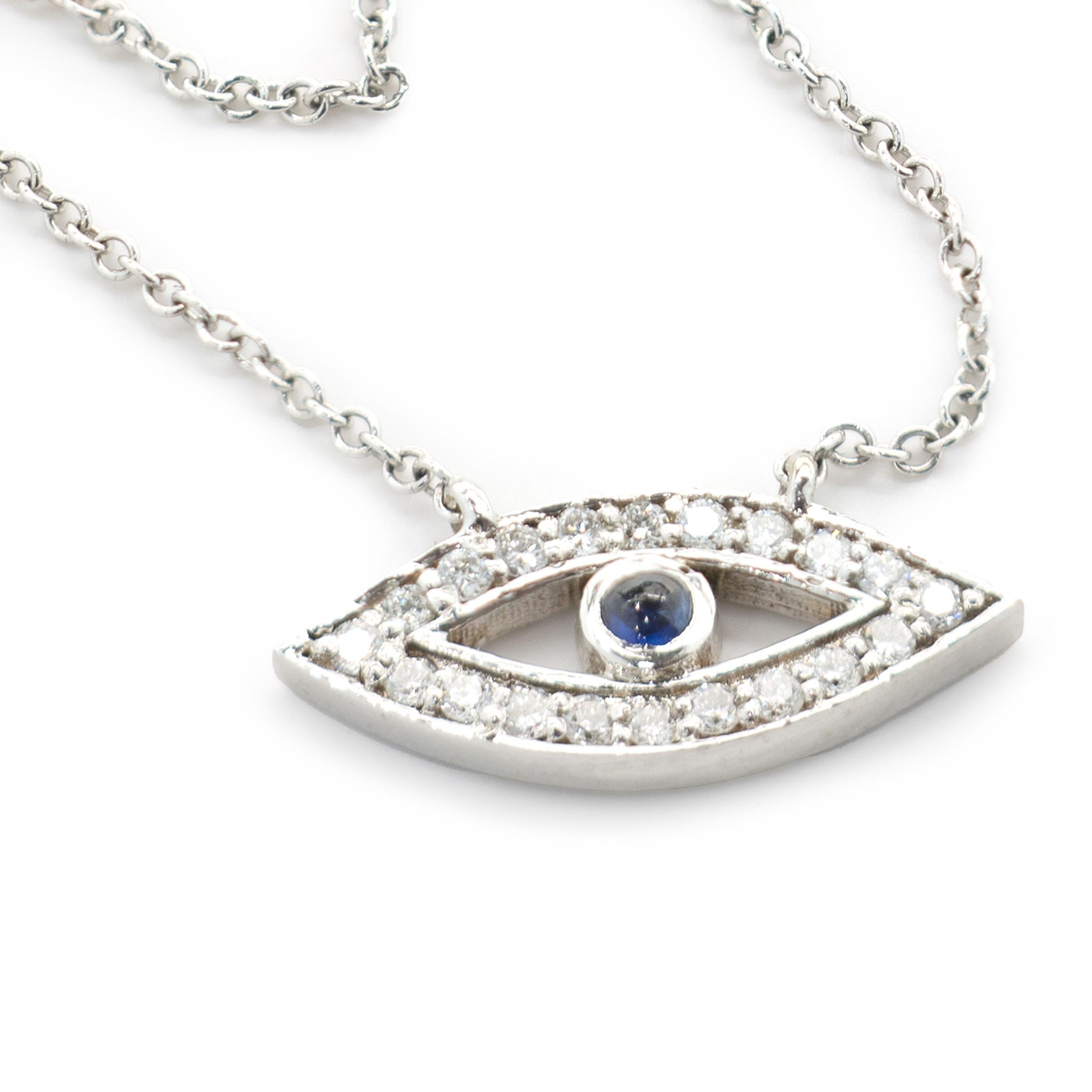 14 Karat White Gold Diamond and Sapphire Evil Eye Necklace In Excellent Condition For Sale In Scottsdale, AZ