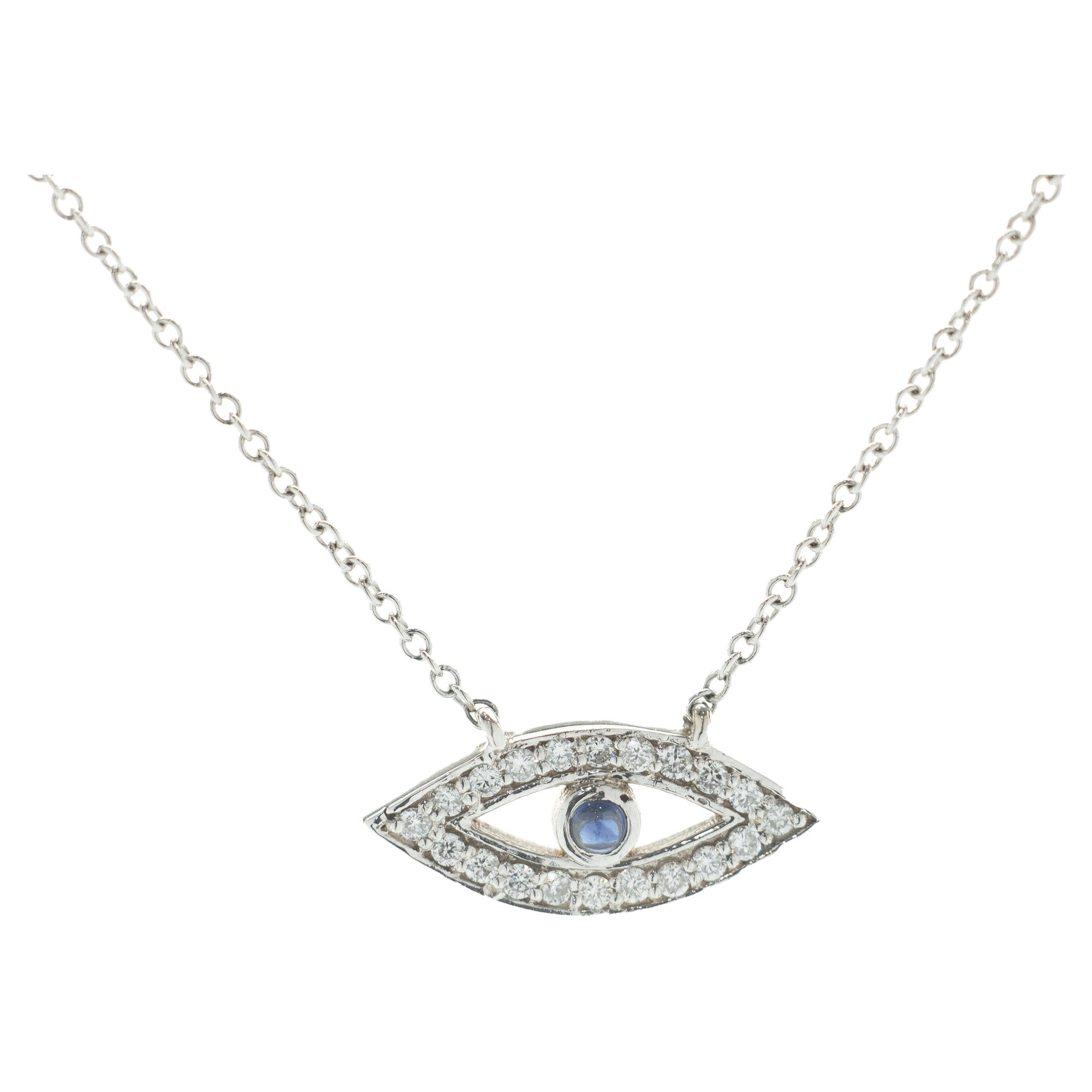 14 Karat White Gold Diamond and Sapphire Evil Eye Necklace For Sale