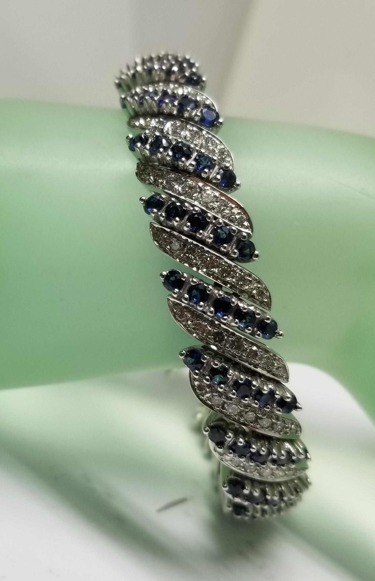 Circa 1960s 14 Karat White Gold Diamond and Sapphire Flexible Bracelet For Sale 2