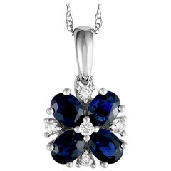 14 Karat White Gold Diamond and Sapphire Flower Pendant Necklace