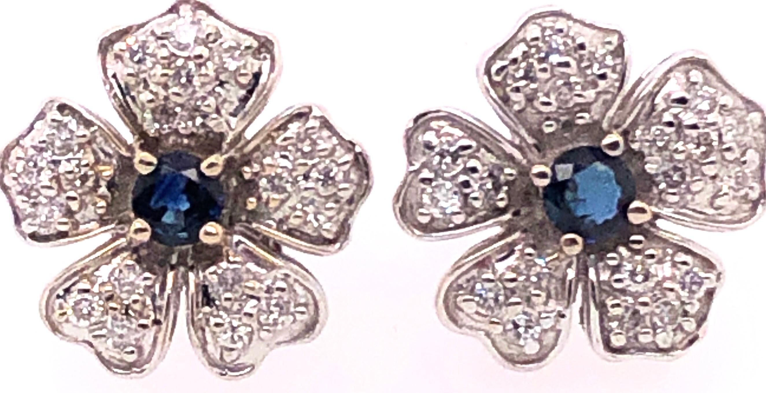 Modern 14 Karat White Gold Diamond and Sapphire Flower Stud / Button Earrings For Sale