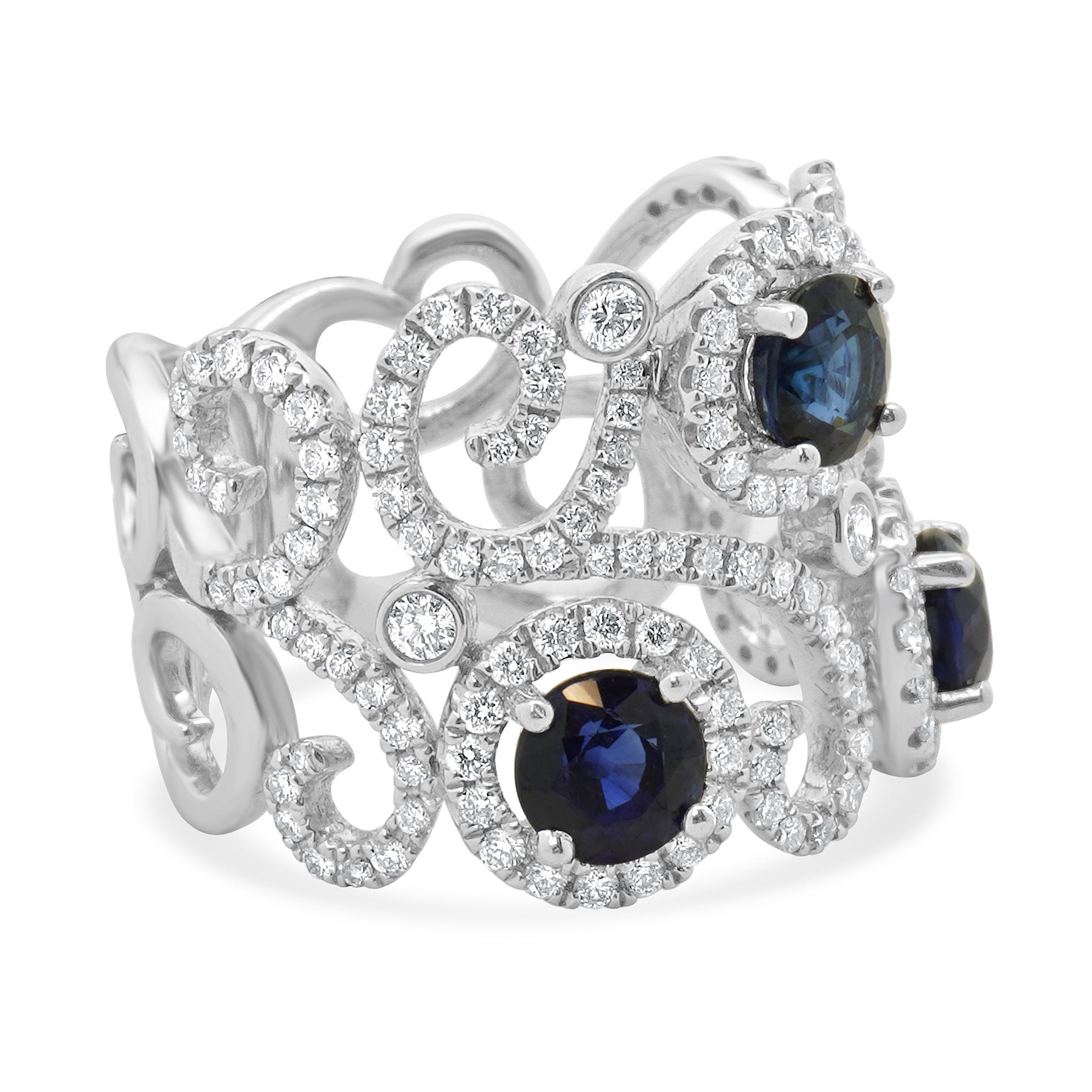 Material: 14K white gold
Diamond: round brilliant cut = 0.90cttw
Color: G
Clarity: VS2
Sapphire: round cut = 2.10cttw
Ring Size: 6.5 (please allow up to 2 additional business days for sizing requests)
Dimensions: ring top measures 13.3mm