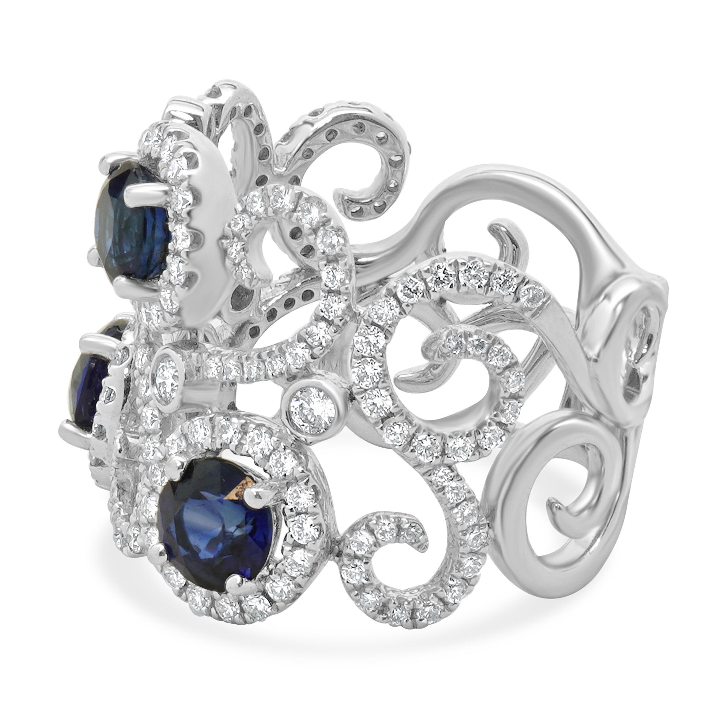 Round Cut 14 Karat White Gold Diamond and Sapphire Freeform Cutout Cigar Band For Sale