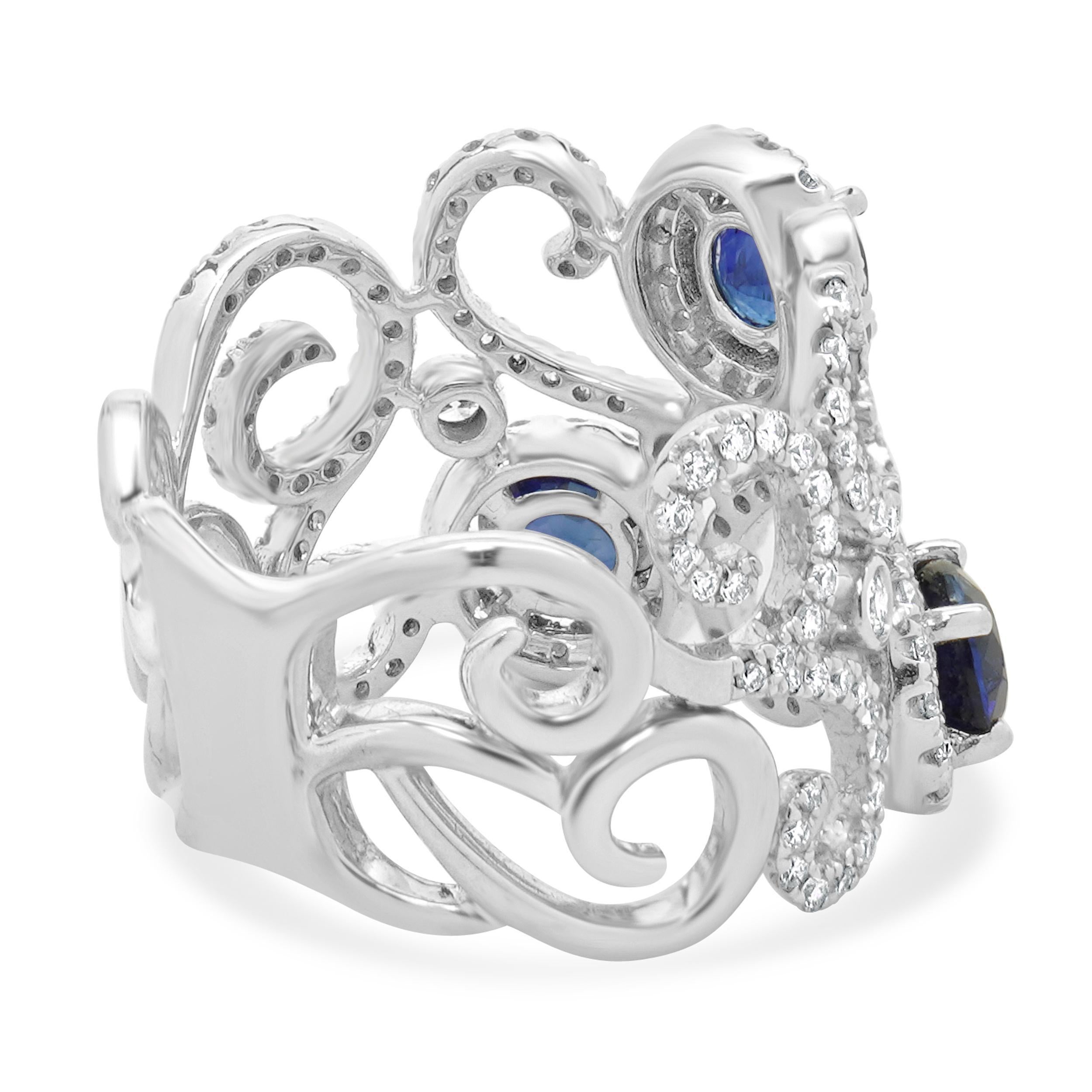 14 Karat White Gold Diamond and Sapphire Freeform Cutout Cigar Band In Excellent Condition For Sale In Scottsdale, AZ