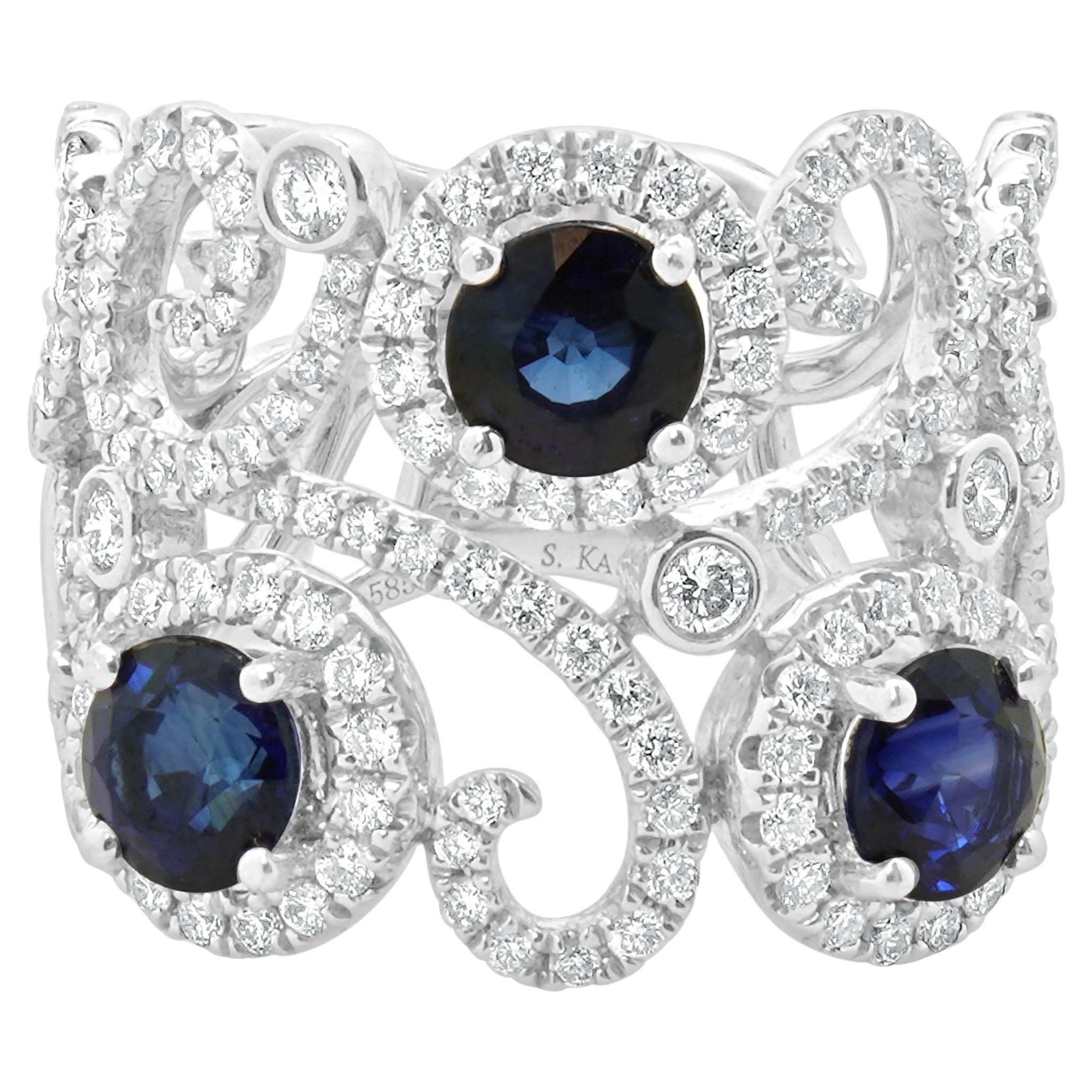 14 Karat White Gold Diamond and Sapphire Freeform Cutout Cigar Band For Sale
