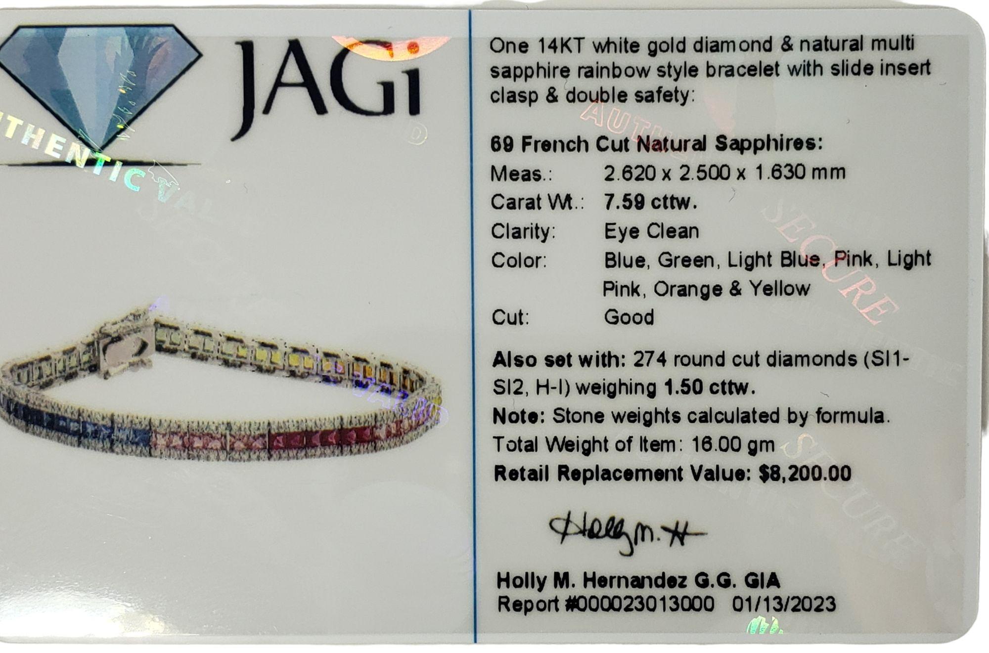 14 Karat White Gold Diamond and Sapphire Rainbow Style Bracelet #15240 For Sale 1