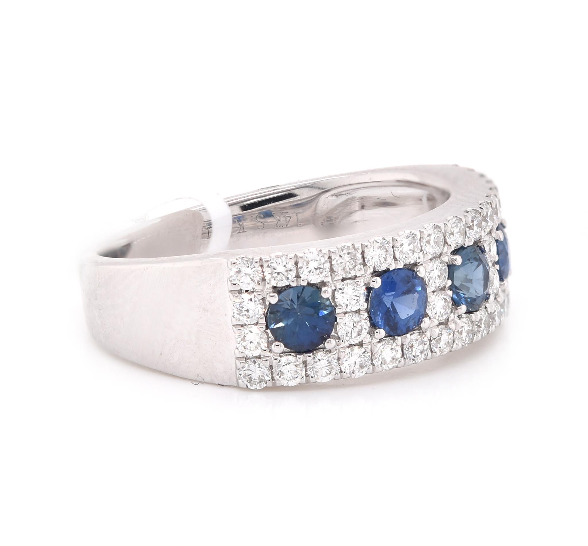 Round Cut 14 Karat White Gold Diamond and Sapphire Ring