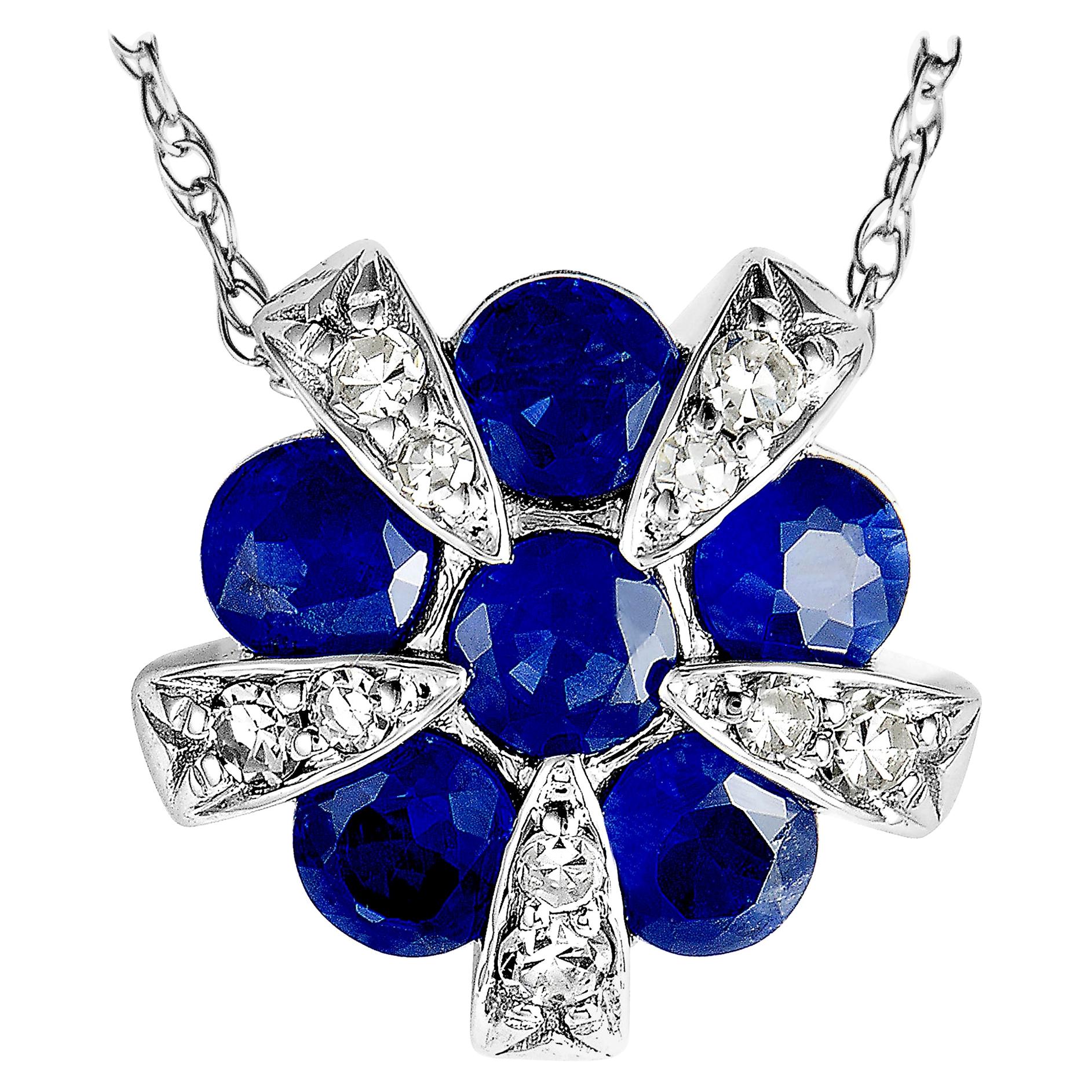 14 Karat White Gold Diamond and Sapphire Round Pendant Necklace