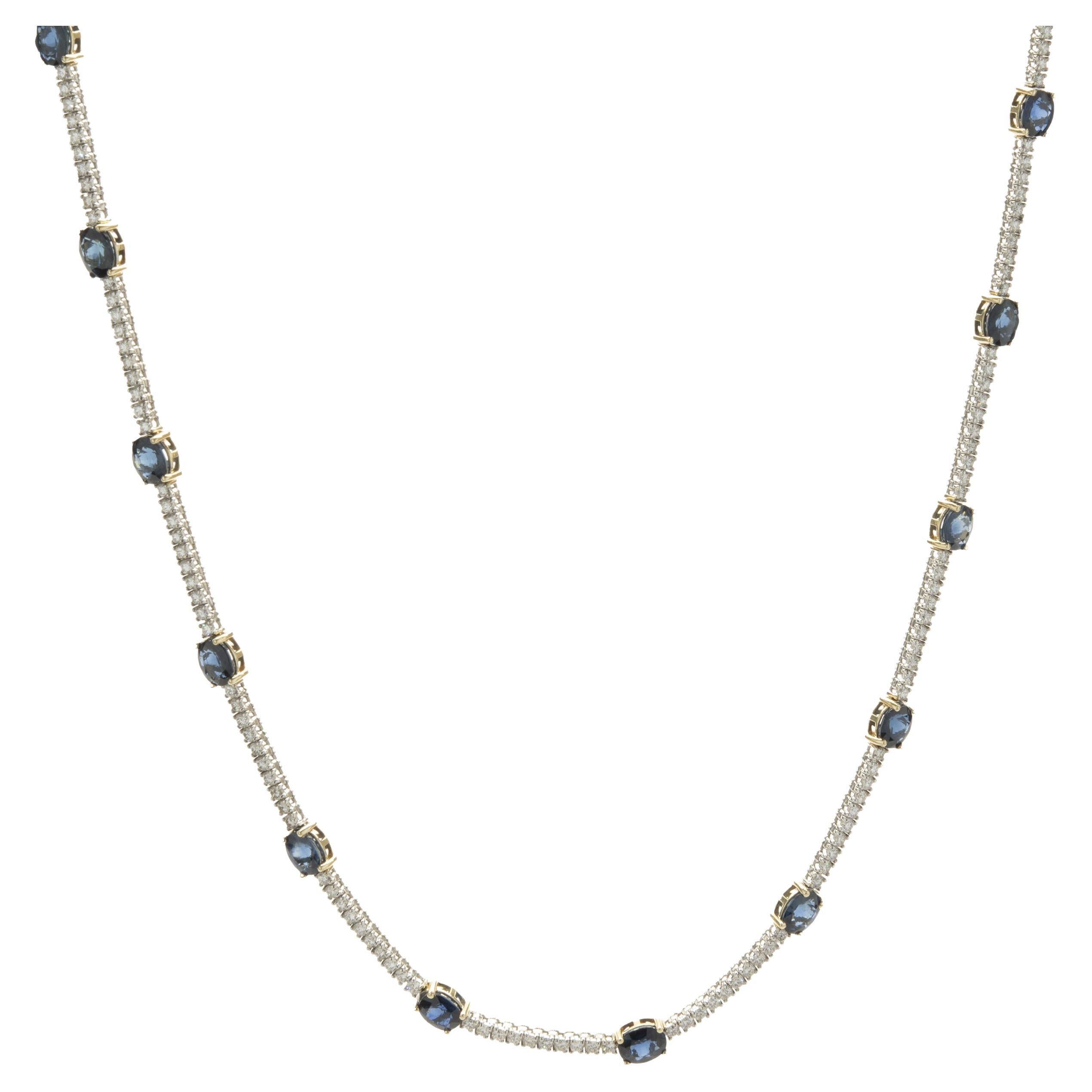 14 Karat White Gold Diamond and Sapphire Station Tennis Necklace For Sale  at 1stDibs