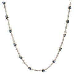 14 Karat White Gold Diamond and Sapphire Station Tennis Necklace