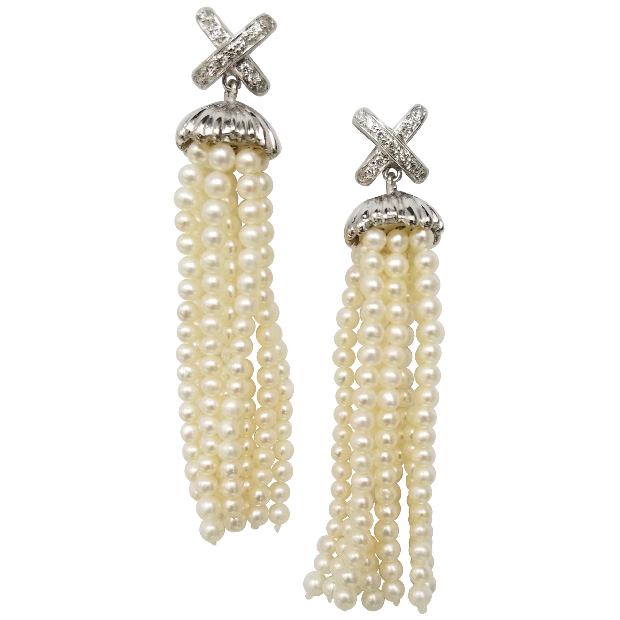 14 Karat White Gold Diamond and Cultured Pearl Dangle Earrings
