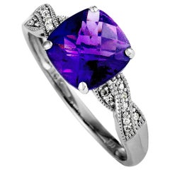14 Karat White Gold Diamond and Square Cushion Amethyst Ring