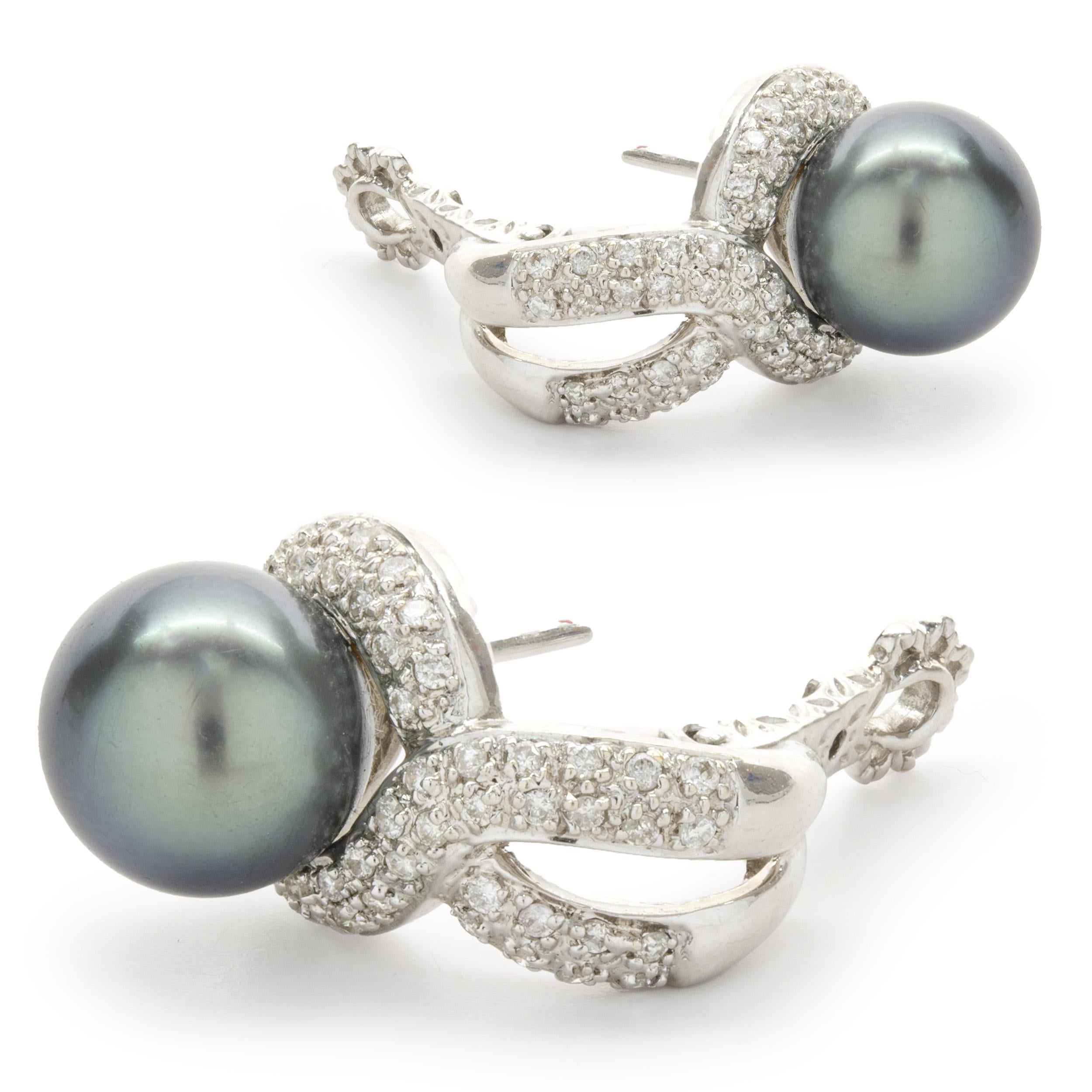 Round Cut 14 Karat White Gold Diamond and Tahitian Pearl Drop Earrings For Sale