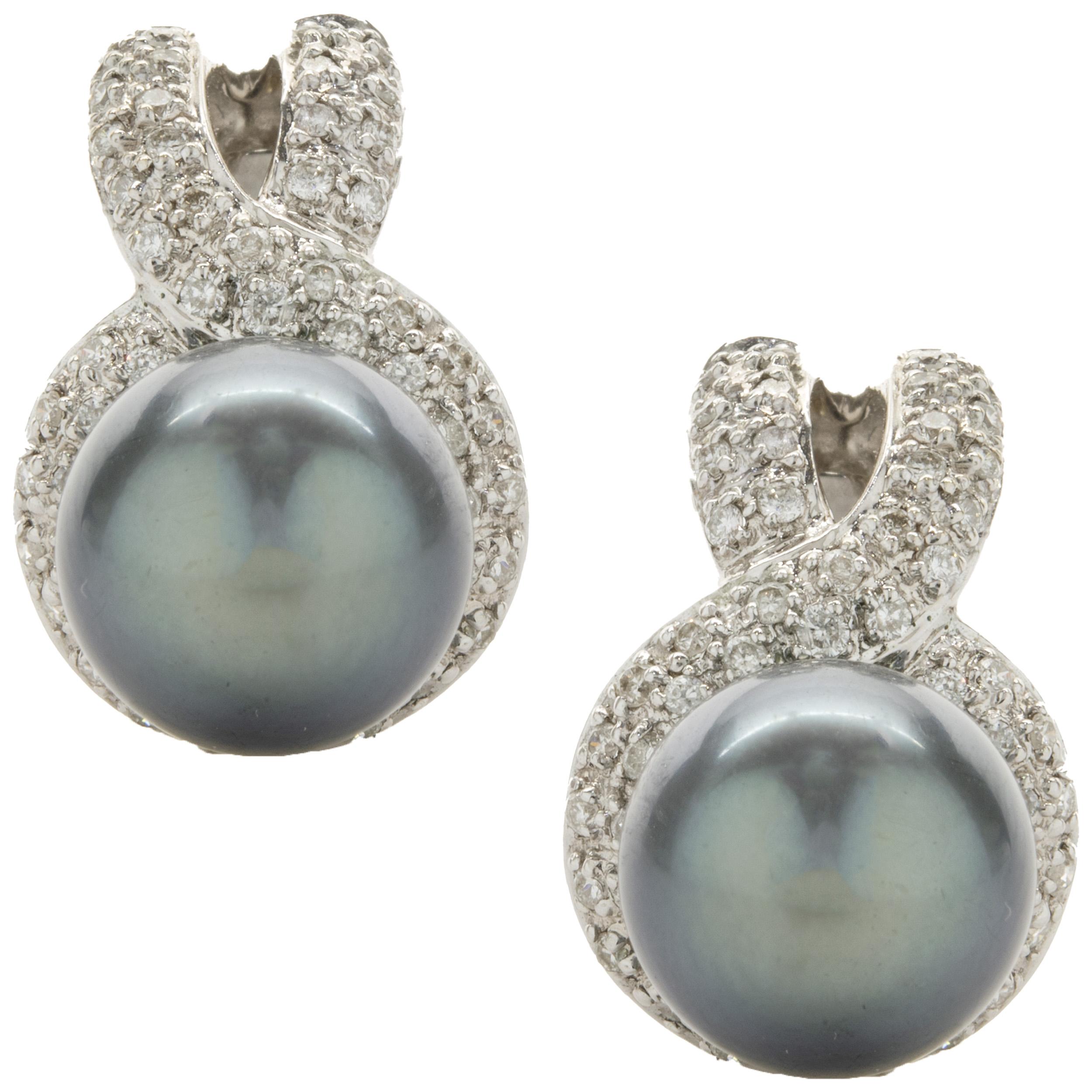 14 Karat White Gold Diamond and Tahitian Pearl Drop Earrings For Sale