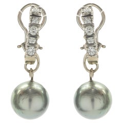 14 Karat White Gold Diamond and Tahitian Pearl Drop Earrings