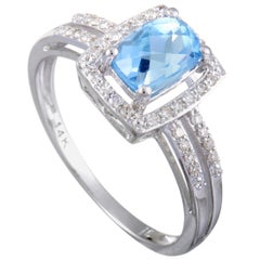 14 Karat White Gold Diamond and Topaz Small Rectangle Ring