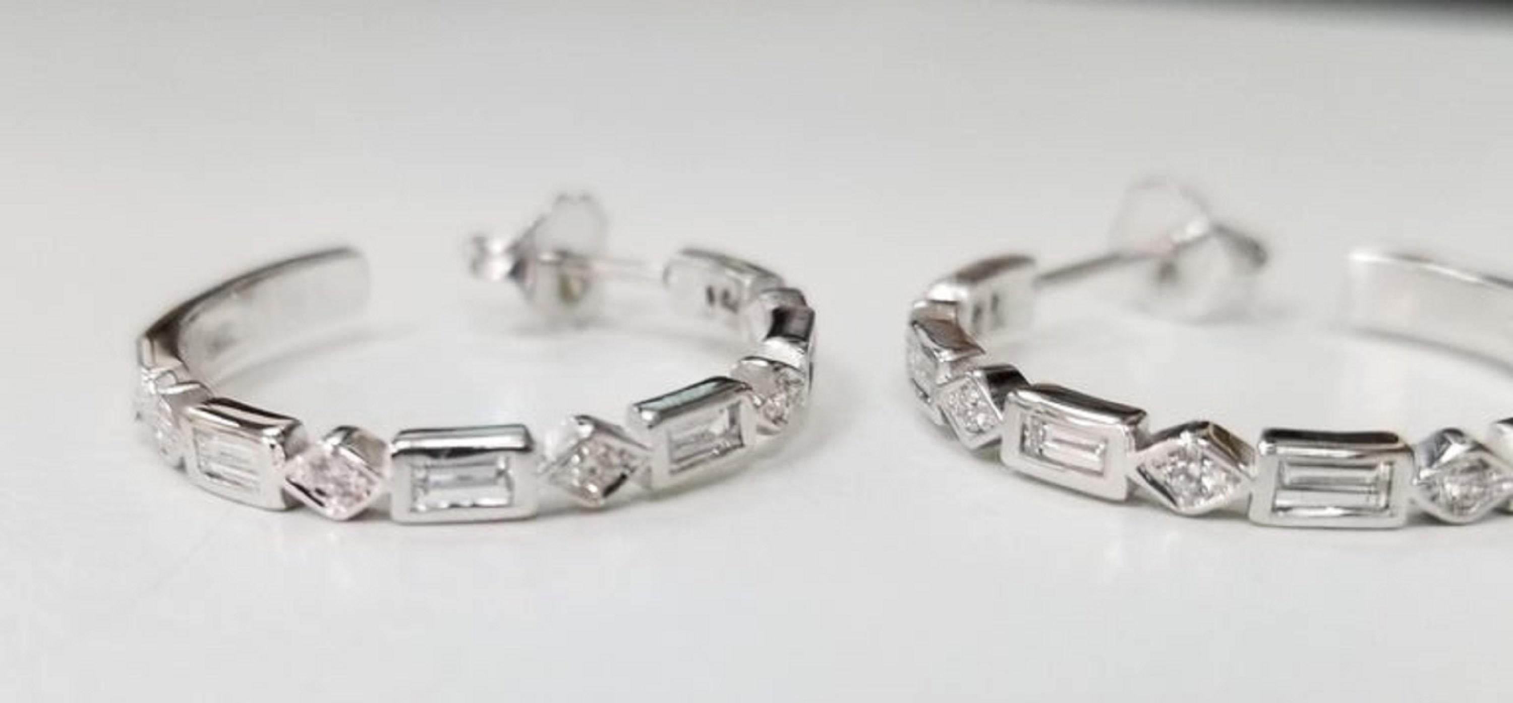 Round Cut 14 Karat White Gold Diamond Baguette and Round Earrings For Sale