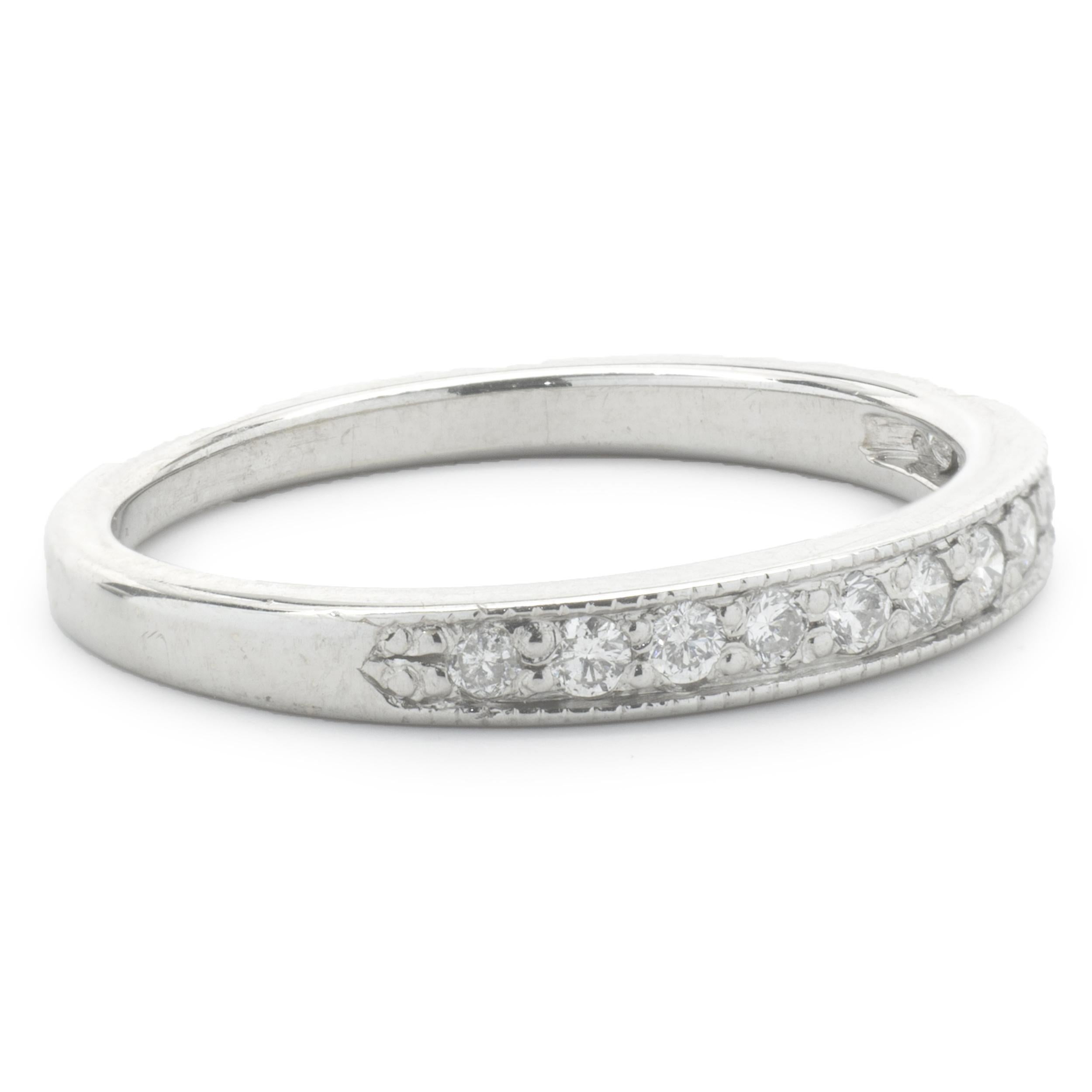 Designer: custom
Material: 14K white gold
Diamond: 13 round cut = .21cttw
Color: G 
Clarity: SI1
Ring size: 6.5 (please allow two additional shipping days for sizing requests)
Weight:  2.25 grams
