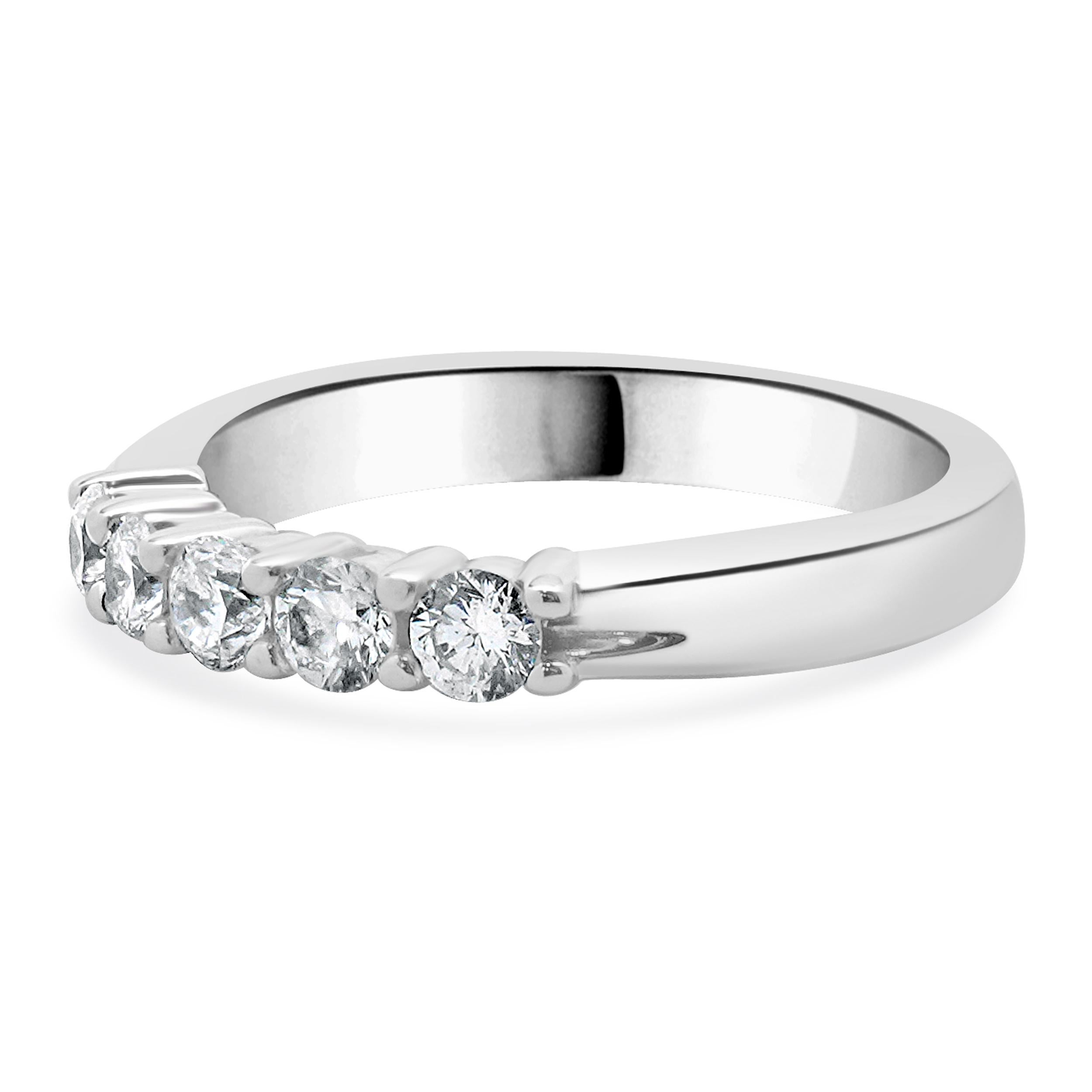 Designer: custom
Material: 14K white gold
Diamond: 5 round brilliant cut = 0.55cttw
Color: G 
Clarity: SI1
Ring size: 6 (please allow two additional shipping days for sizing requests)
Weight: 3.90 grams