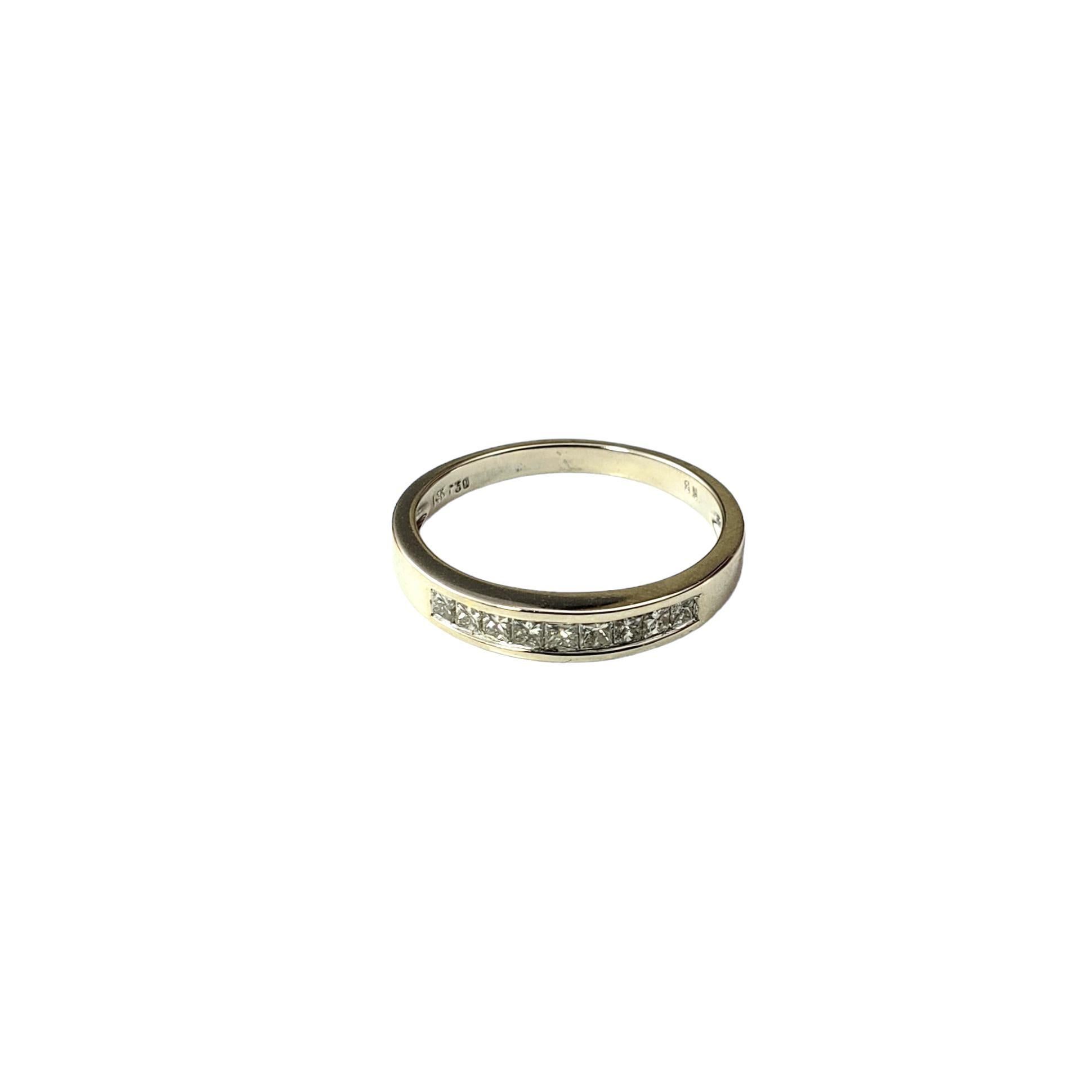 14 Karat White Gold Diamond Band Ring Size 7-7.25-

This sparkling band features nine princess cut diamonds set in classic 14K white gold.  

Width: 3 mm.  Shank: 2 mm.

Approximate total diamond weight:  .40 ct.

Diamond color: I-K

Diamond