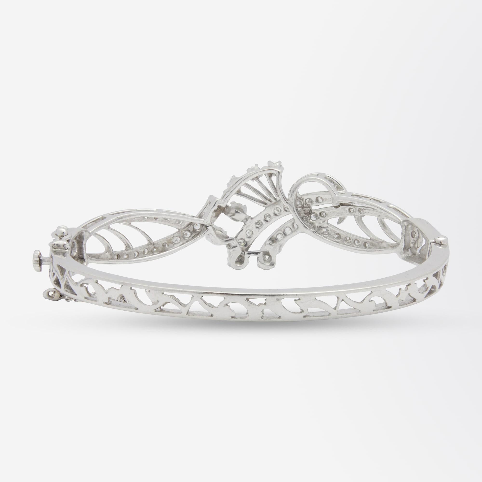 14 Karat White Gold & Diamond Bangle in Art Nouveau Style In Good Condition For Sale In Brisbane City, QLD
