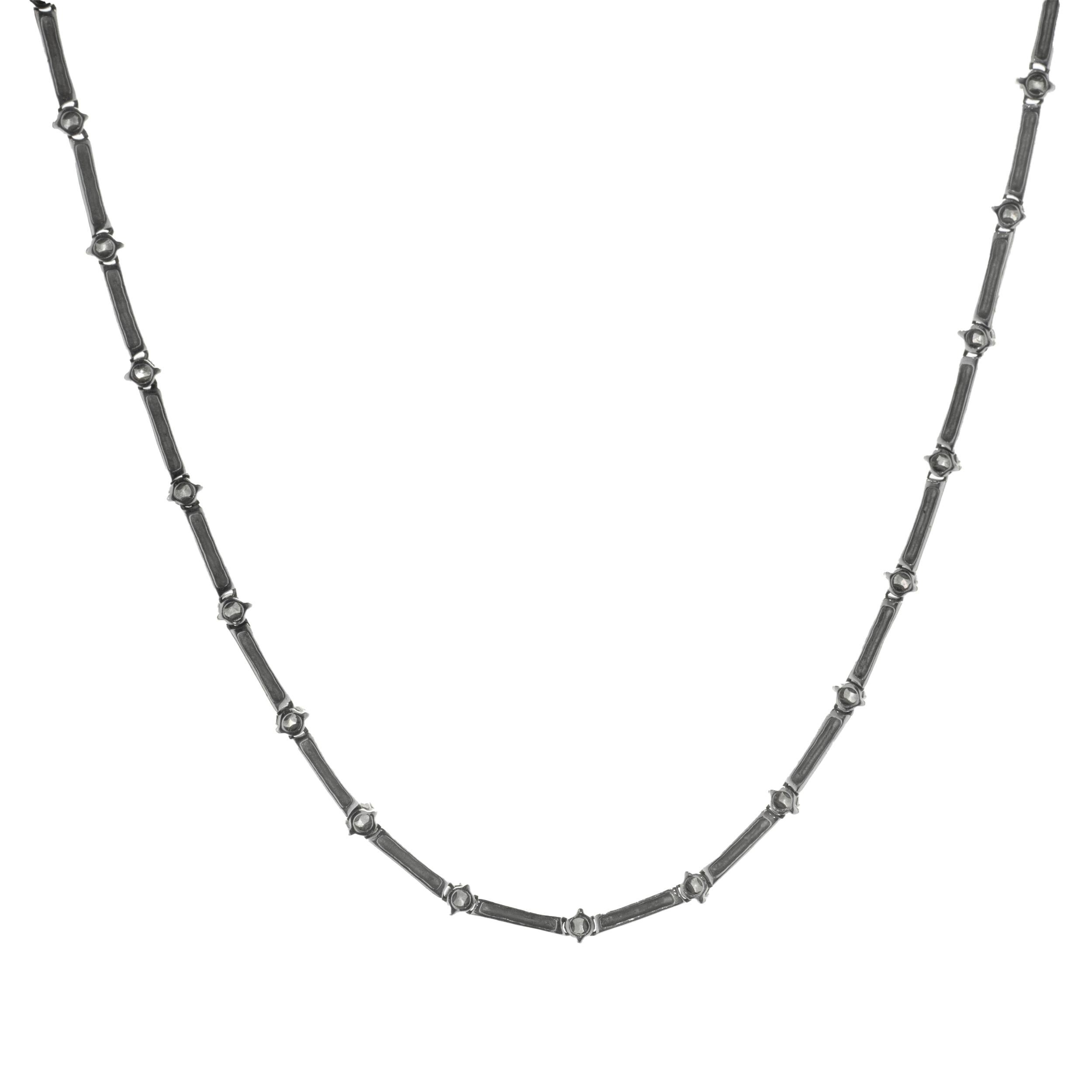 Designer: custom design
Material: 14K white gold 
Diamond: 24 round brilliant cut = .84cttw
Color: G
Clarity: SI1
Dimensions: necklace measures 16.5-inches in length
Weight: 14.35 grams
