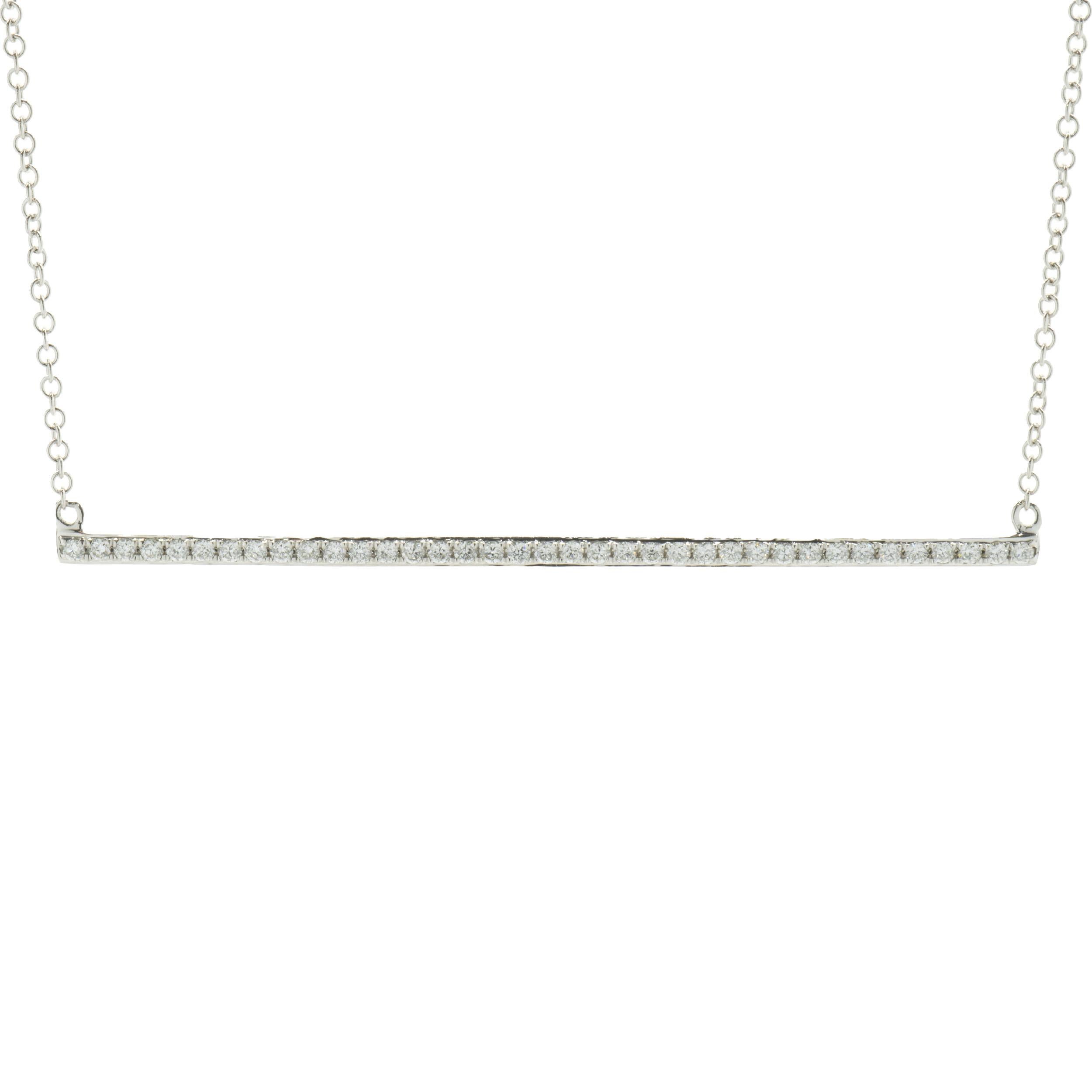 Designer: custom
Material: 14K white gold
Diamonds: 37 round brilliant cut = 0.28cttw
Color: G
Clarity: VS1-2
Weight: 2.10 grams
Dimensions: necklace measures 16-inches long