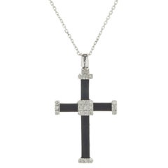 14 Karat White Gold Diamond Black Rubber Cross Necklace