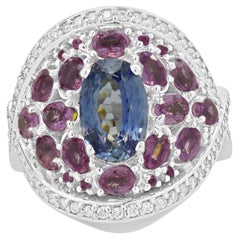 14 Karat White Gold Diamond, Blue & Pink Sapphire Ring