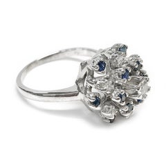 14K White Gold Retro Cluster Ring with Diamonds & Sapphires, 1980s