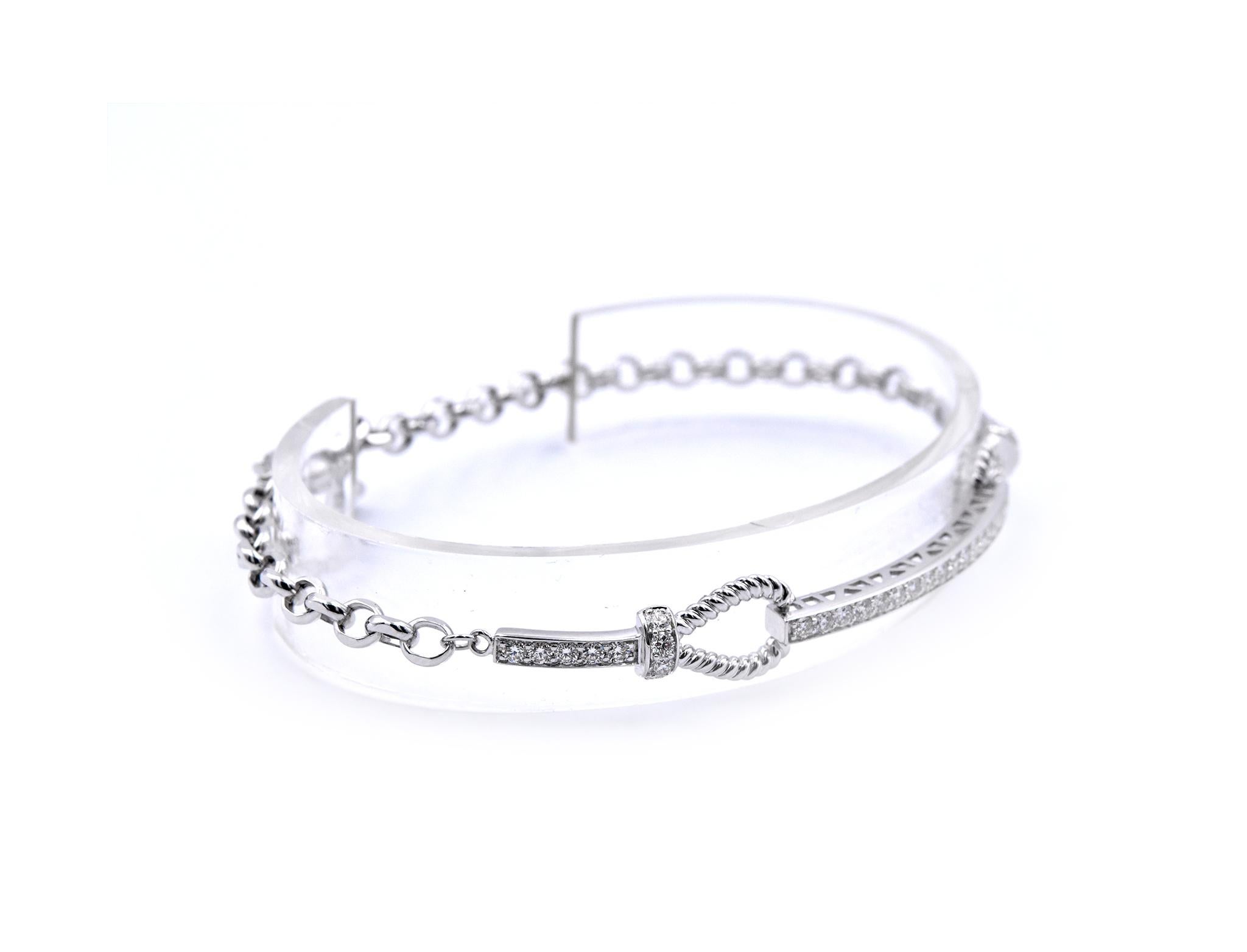 Material: 14k white gold
Diamonds: 36 round brilliant cuts = 1.00cttw
Color: G-H
Clarity: VS
Dimensions: bracelet measures 7 ½ inches in length
Weight: 7.55 grams
