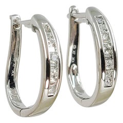 14 Karat White Gold Diamond Channel Hoop Huggie Earrings