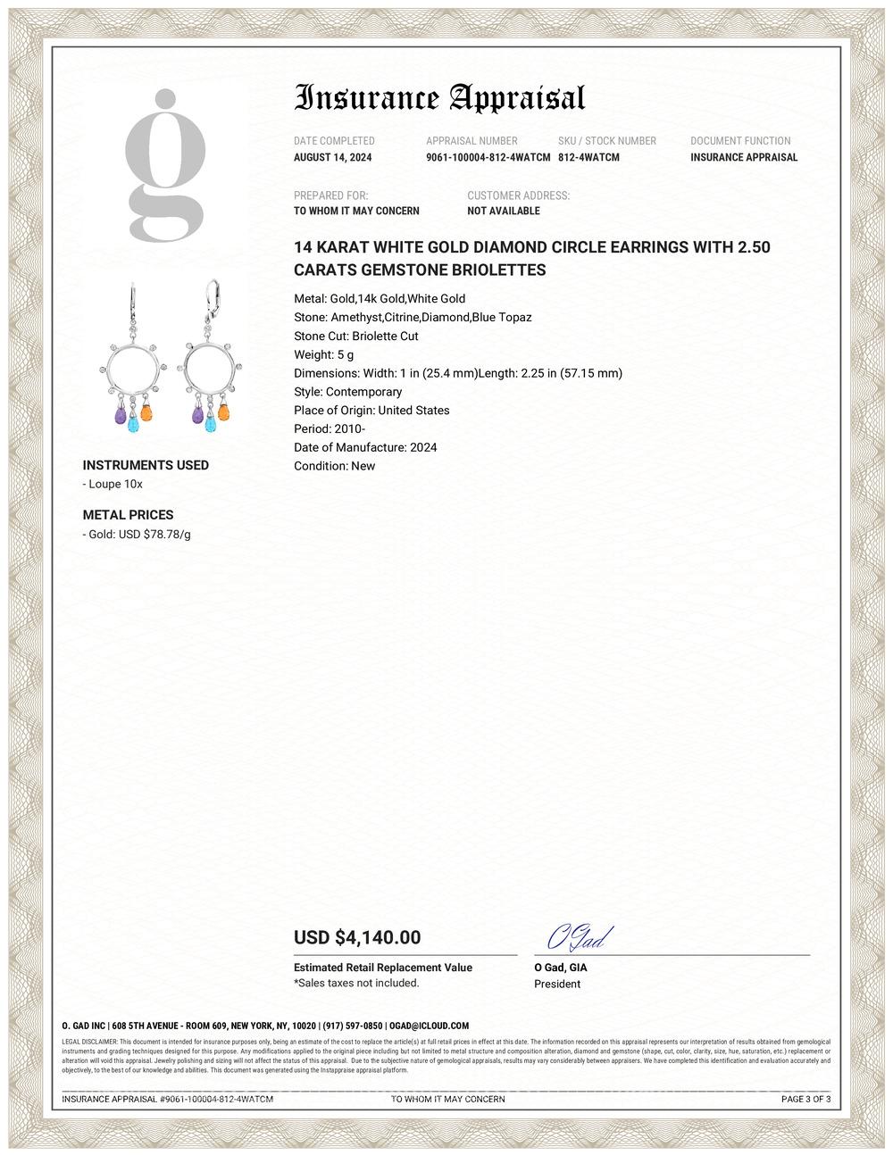 Contemporary 14 Karat White Gold Diamond Circle Earrings with 2.50 Carats Gemstone Briolettes For Sale