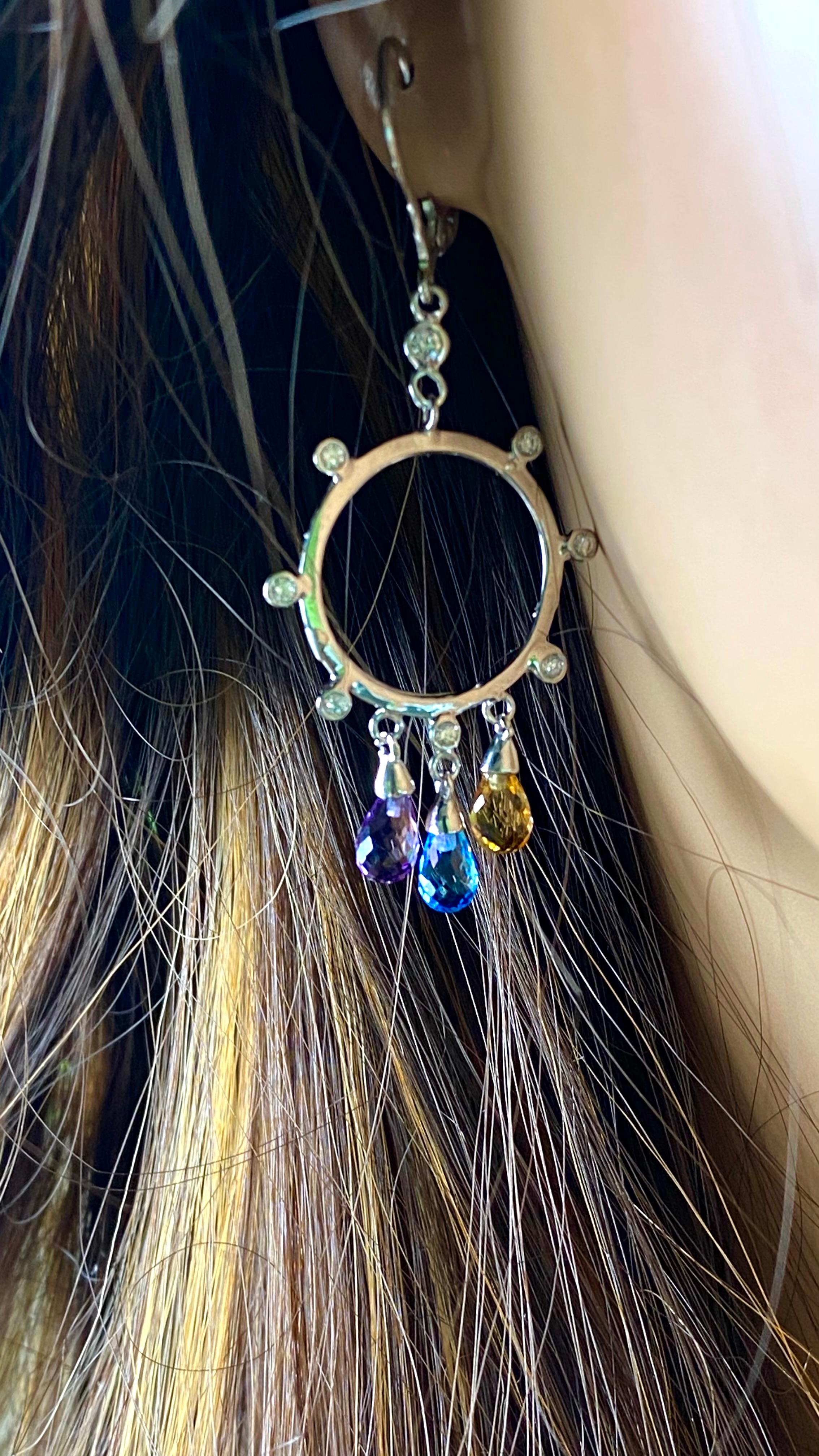 14 Karat White Gold Diamond Circle Earrings with 2.50 Carats Gemstone Briolettes In New Condition For Sale In New York, NY