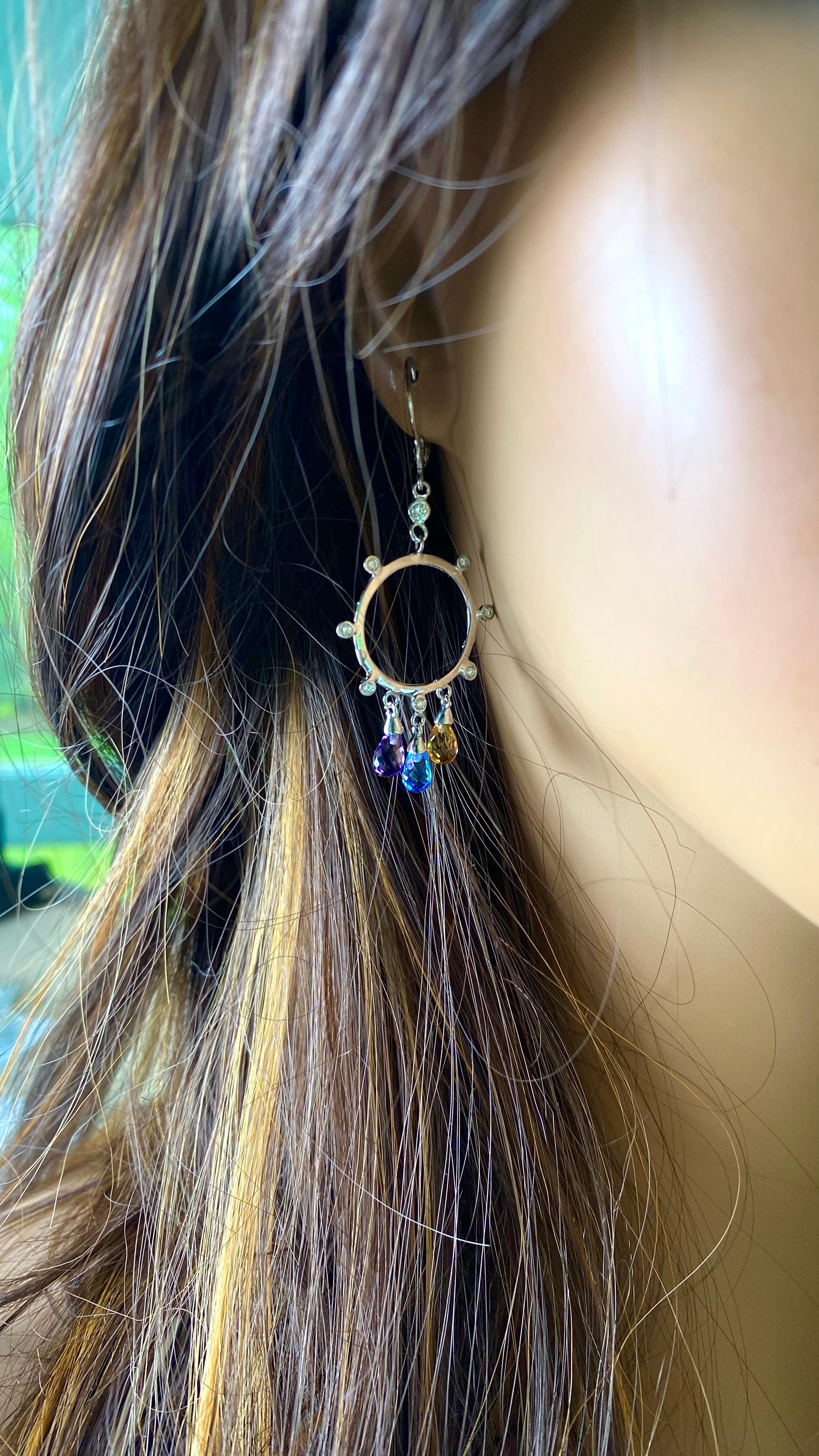 Women's 14 Karat White Gold Diamond Circle Earrings with 2.50 Carats Gemstone Briolettes For Sale
