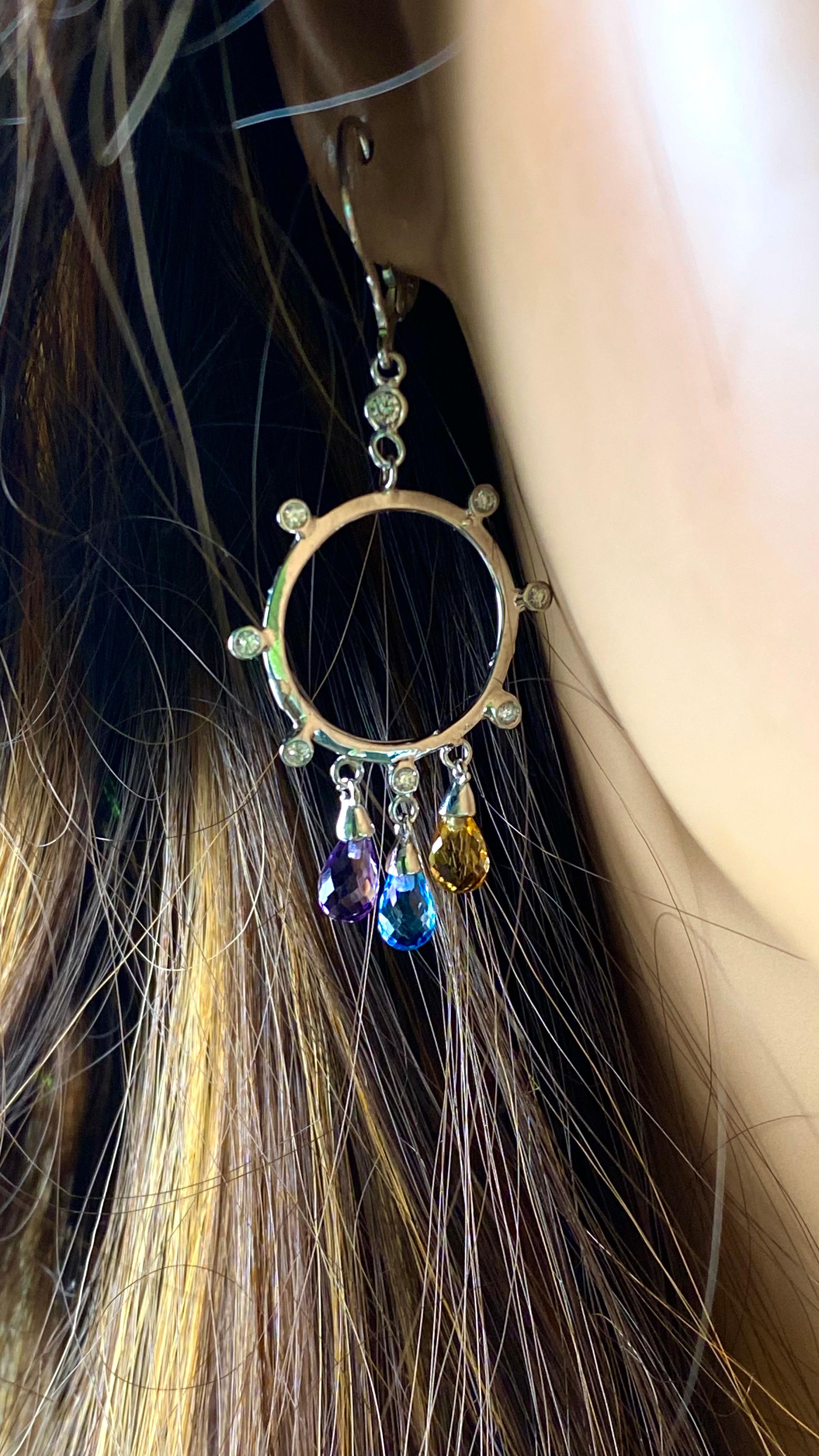 14 Karat White Gold Diamond Circle Earrings with 2.50 Carats Gemstone Briolettes For Sale 1
