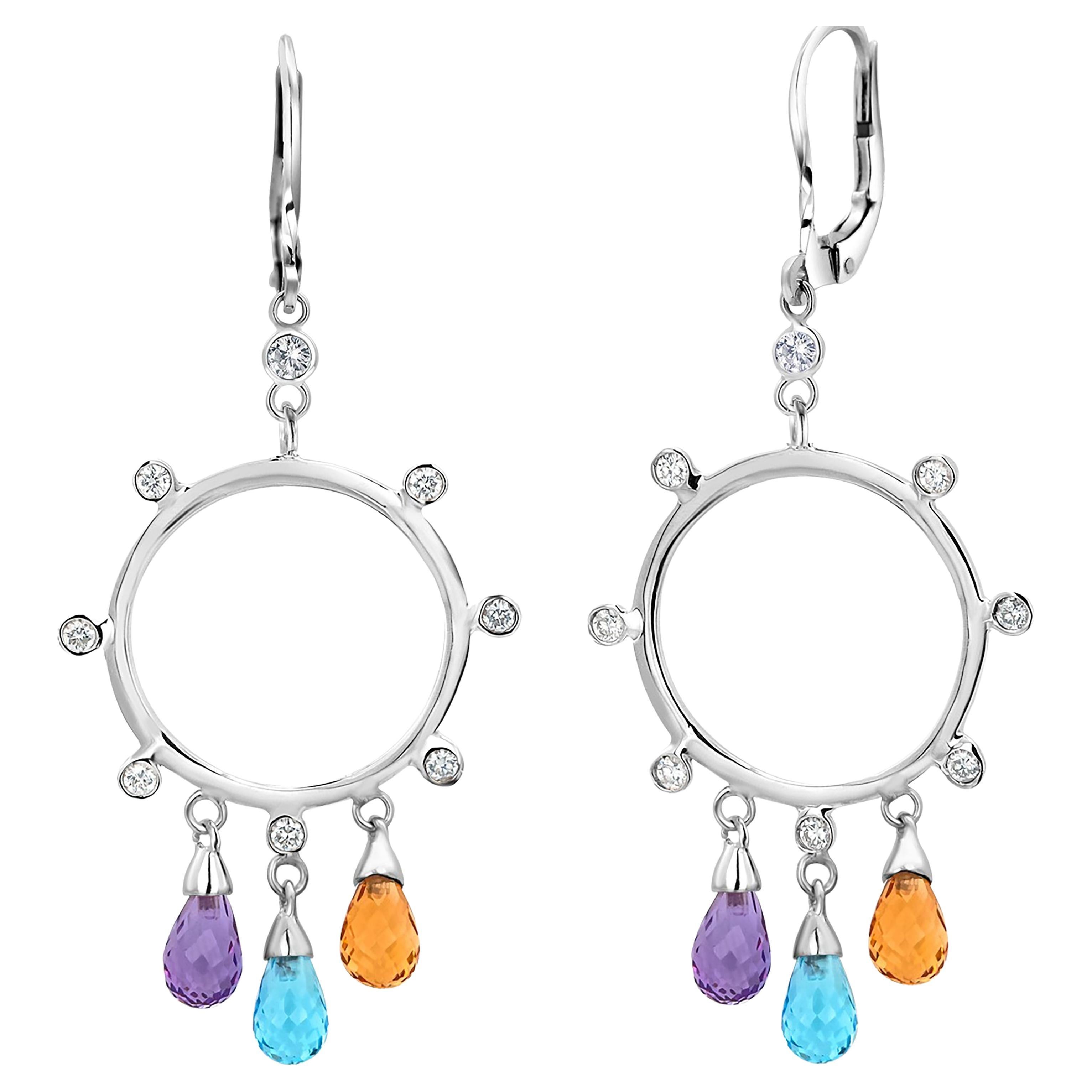 14 Karat White Gold Diamond Circle Earrings with 2.50 Carats Gemstone Briolettes For Sale