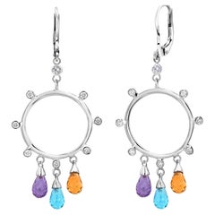 14 Karat White Gold Diamond Circle Earrings with 2.50 Carats Gemstone Briolettes
