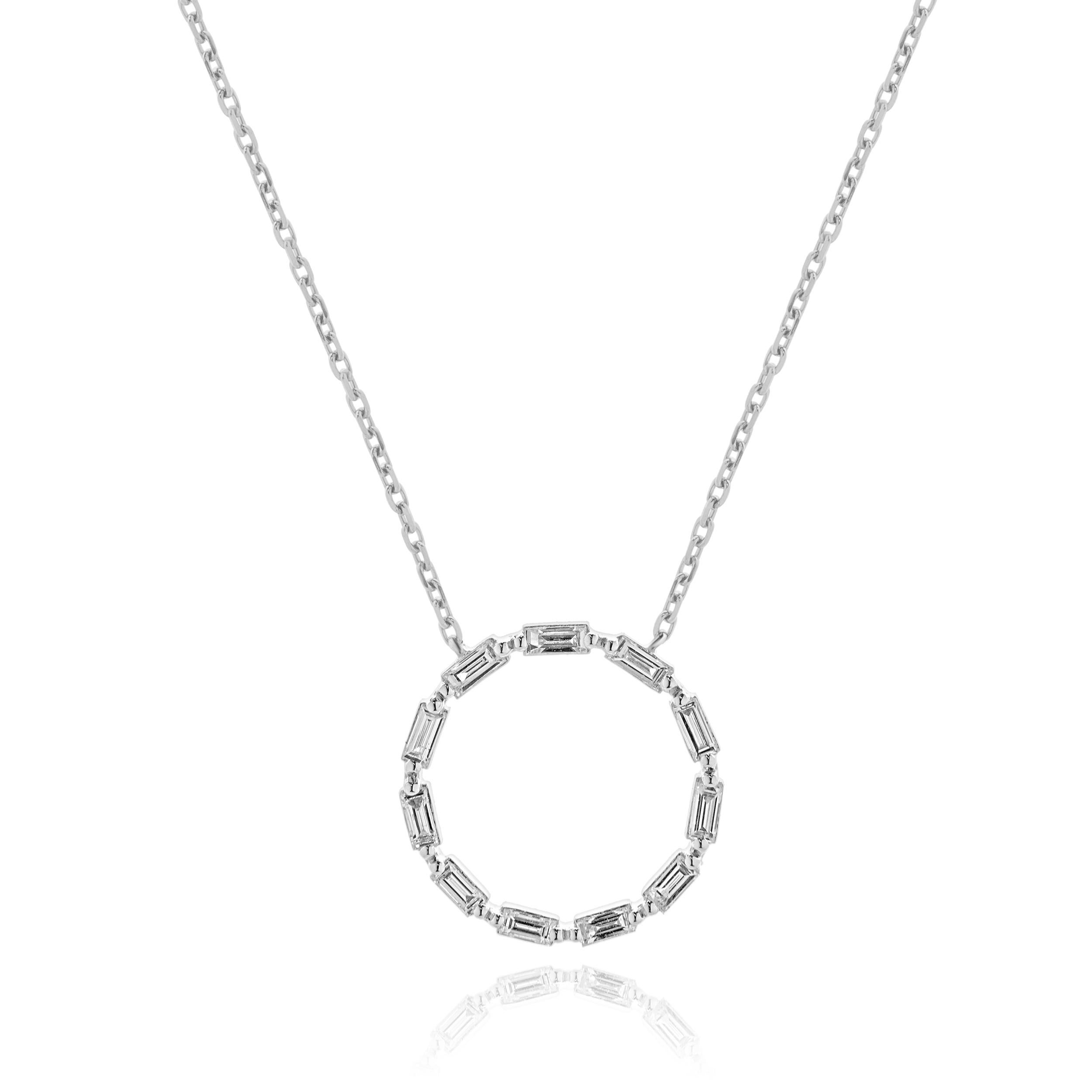 Designer: custom design
Material: 14K white gold
Diamond: emerald cut = 0.48cttw
Color: G
Clarity: SI1
Dimensions: necklace measures 18-inches in length
Weight: 3.18 grams
