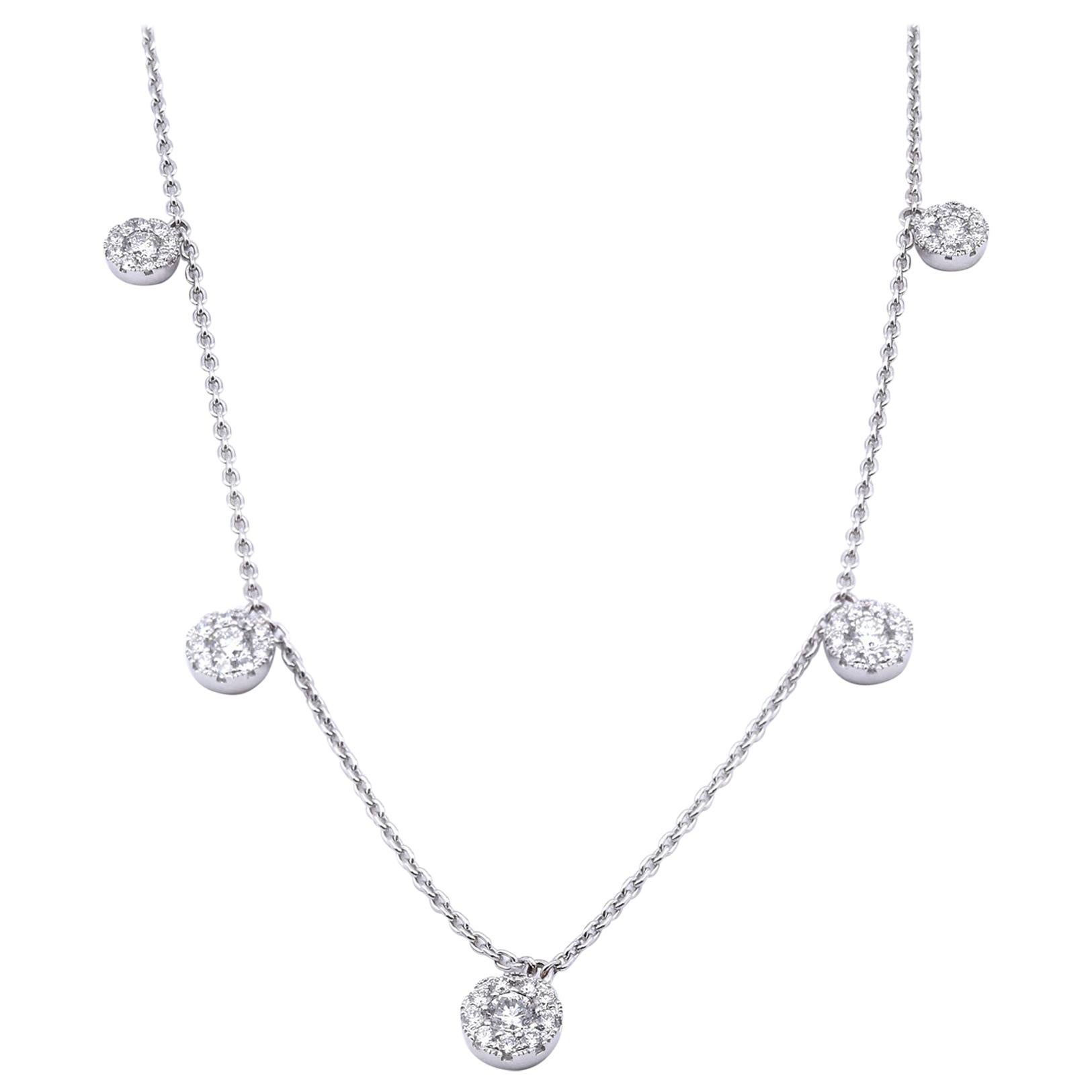 14 Karat White Gold Diamond Cluster 5 Station Necklace