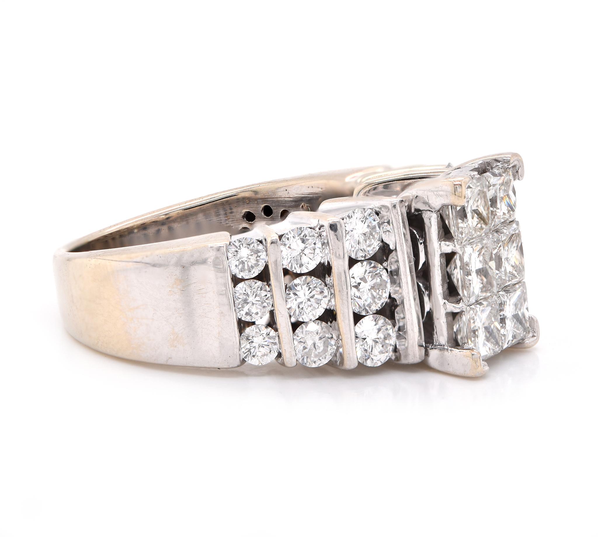 Designer: custom
Material: 14K white gold
Diamonds: 6 princess cut = 1.50cttw
Color: I
Clarity: SI1
Diamonds: 18 round brilliant cut = .72cttw
Color: H
Clarity: SI1
Ring Size: 7.25 (please allow up to 2 additional business days for sizing
